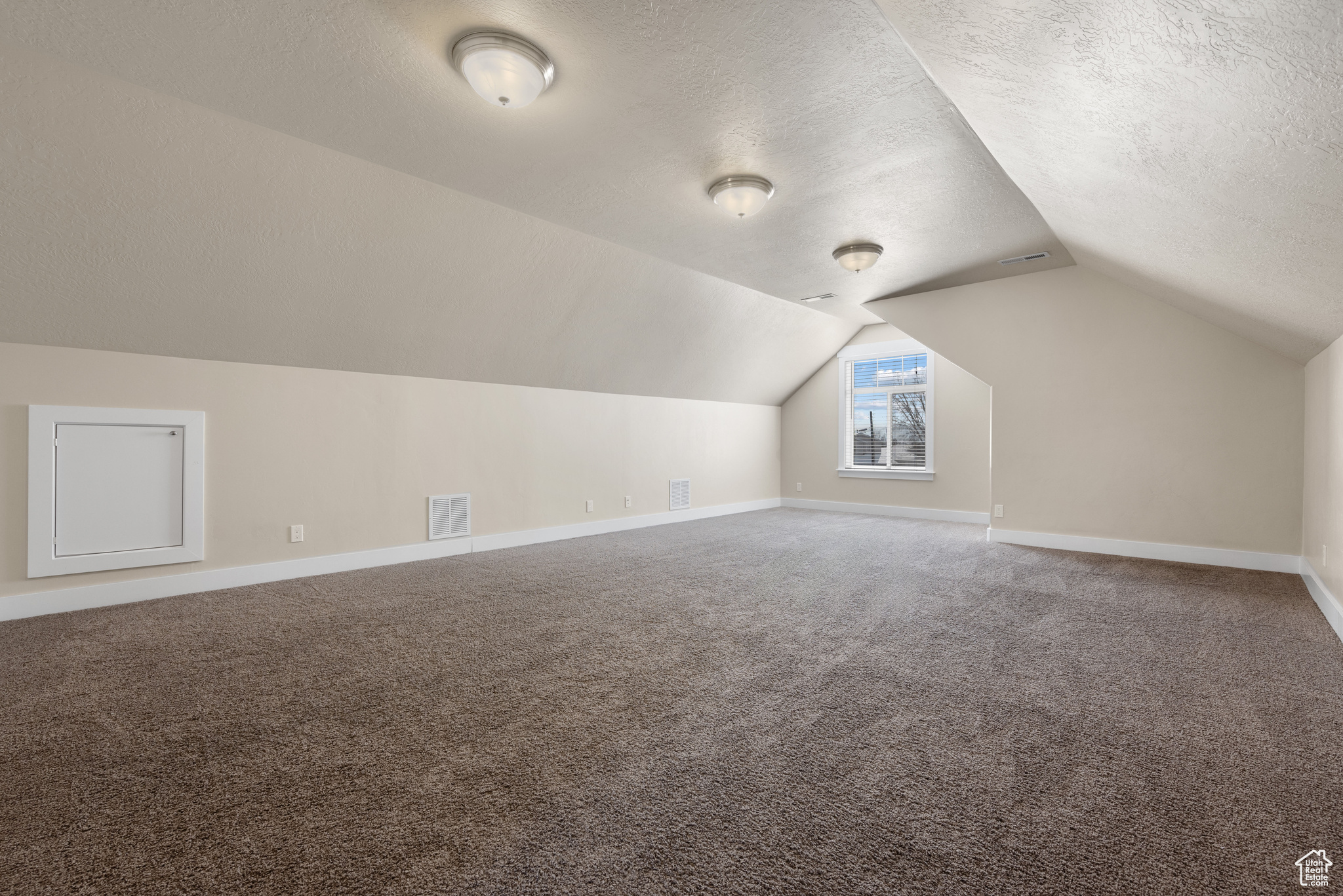 Additional living space featuring vaulted ceiling, carpet floors, and a textured ceiling