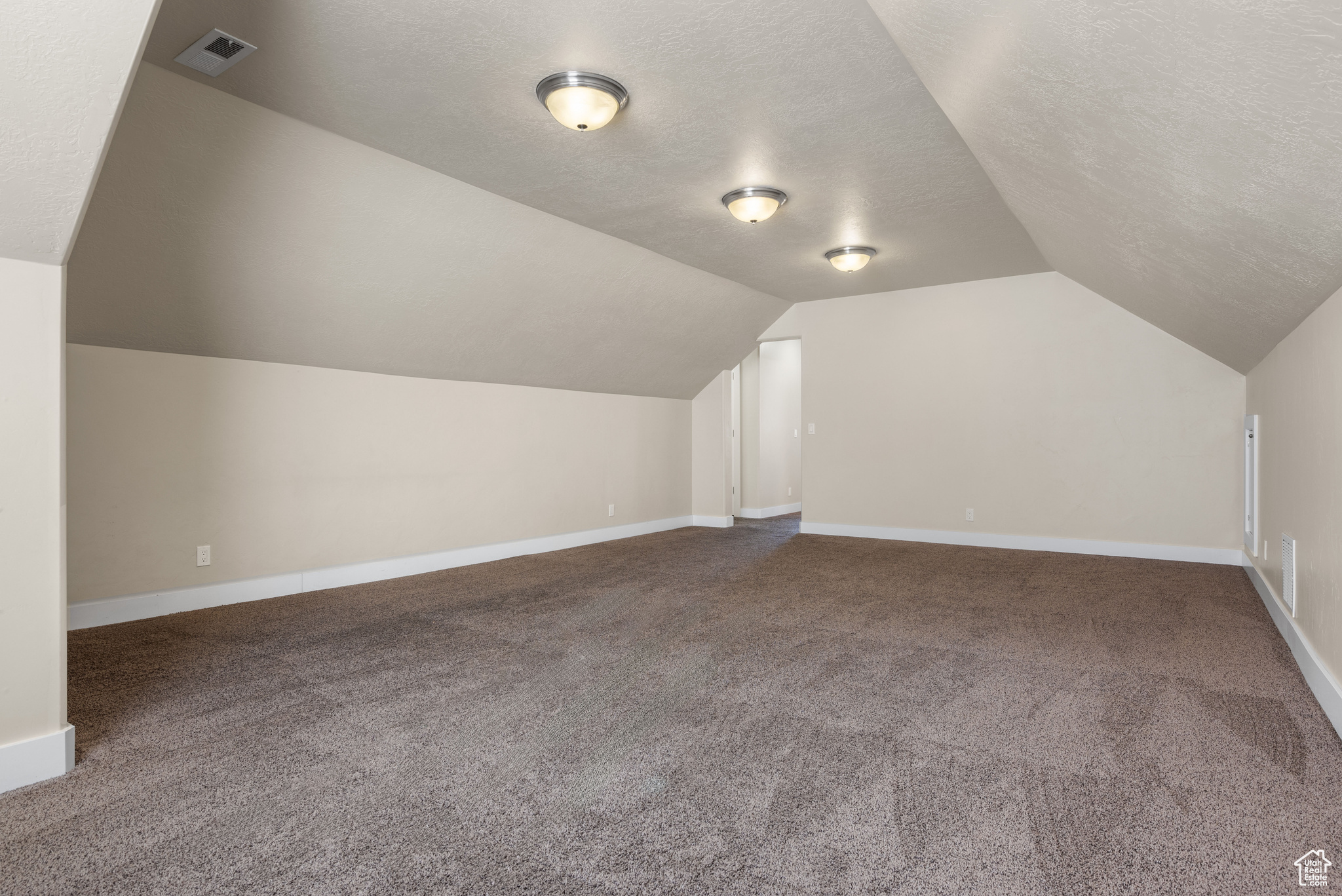 Bonus room with lofted ceiling, carpet flooring, and a textured ceiling