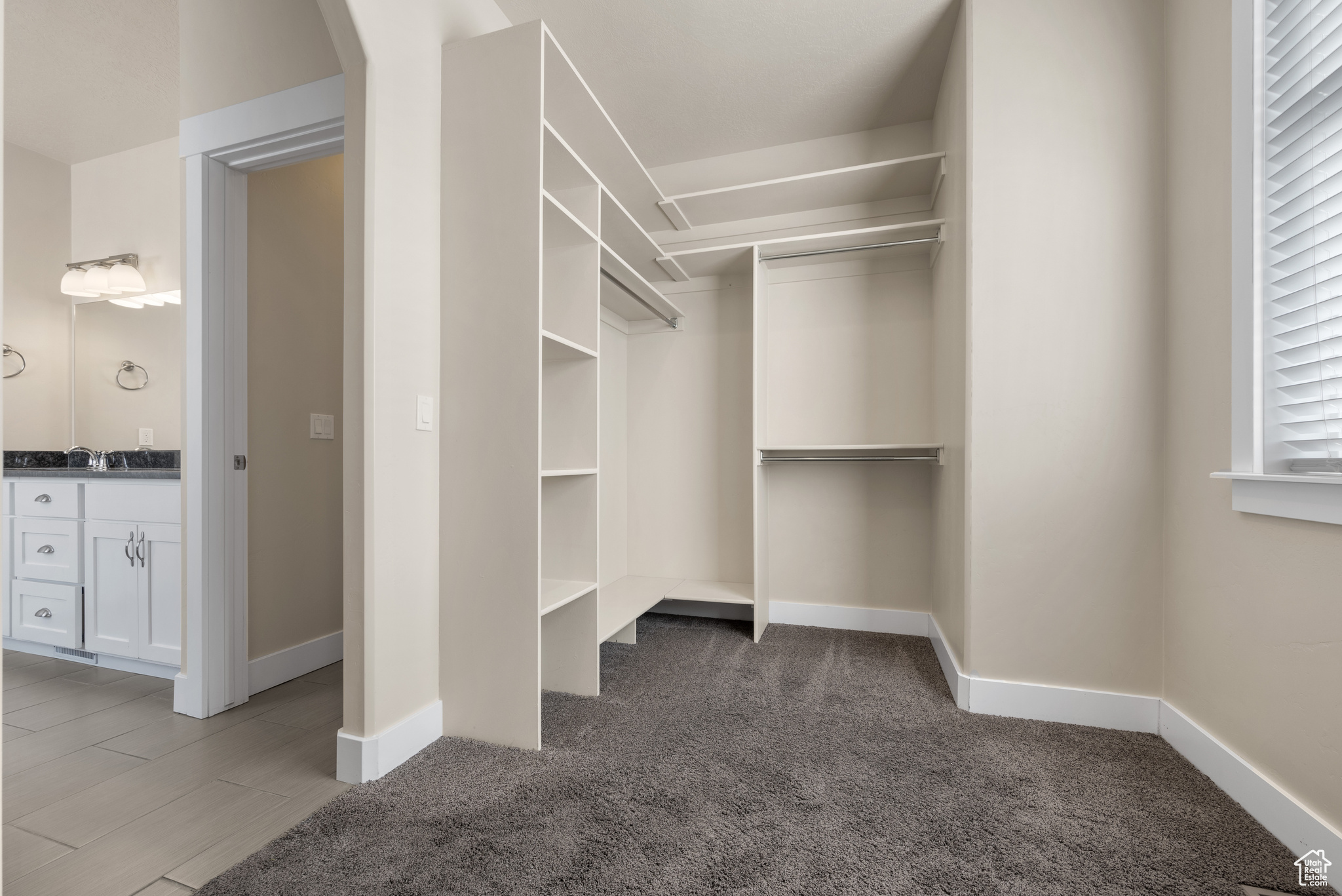 Walk in closet featuring sink and carpet floors