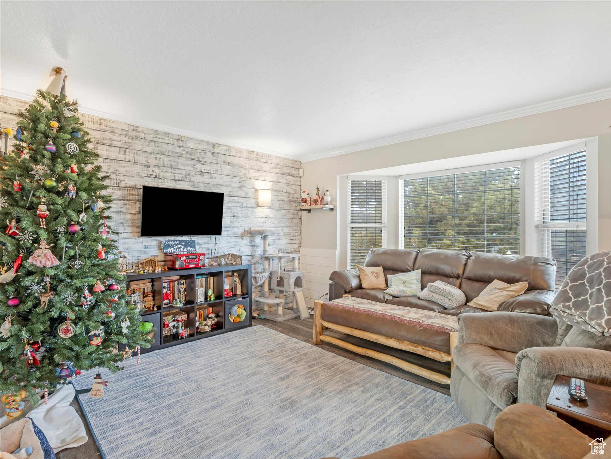 Living room featuring hardwood / wood-style floors and crown molding