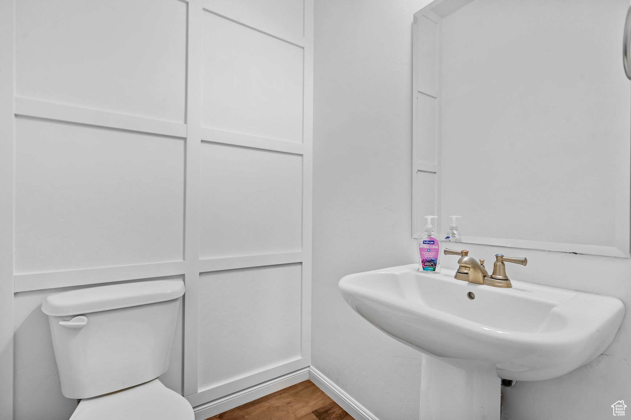 Bathroom with hardwood / wood-style floors, toilet, and sink