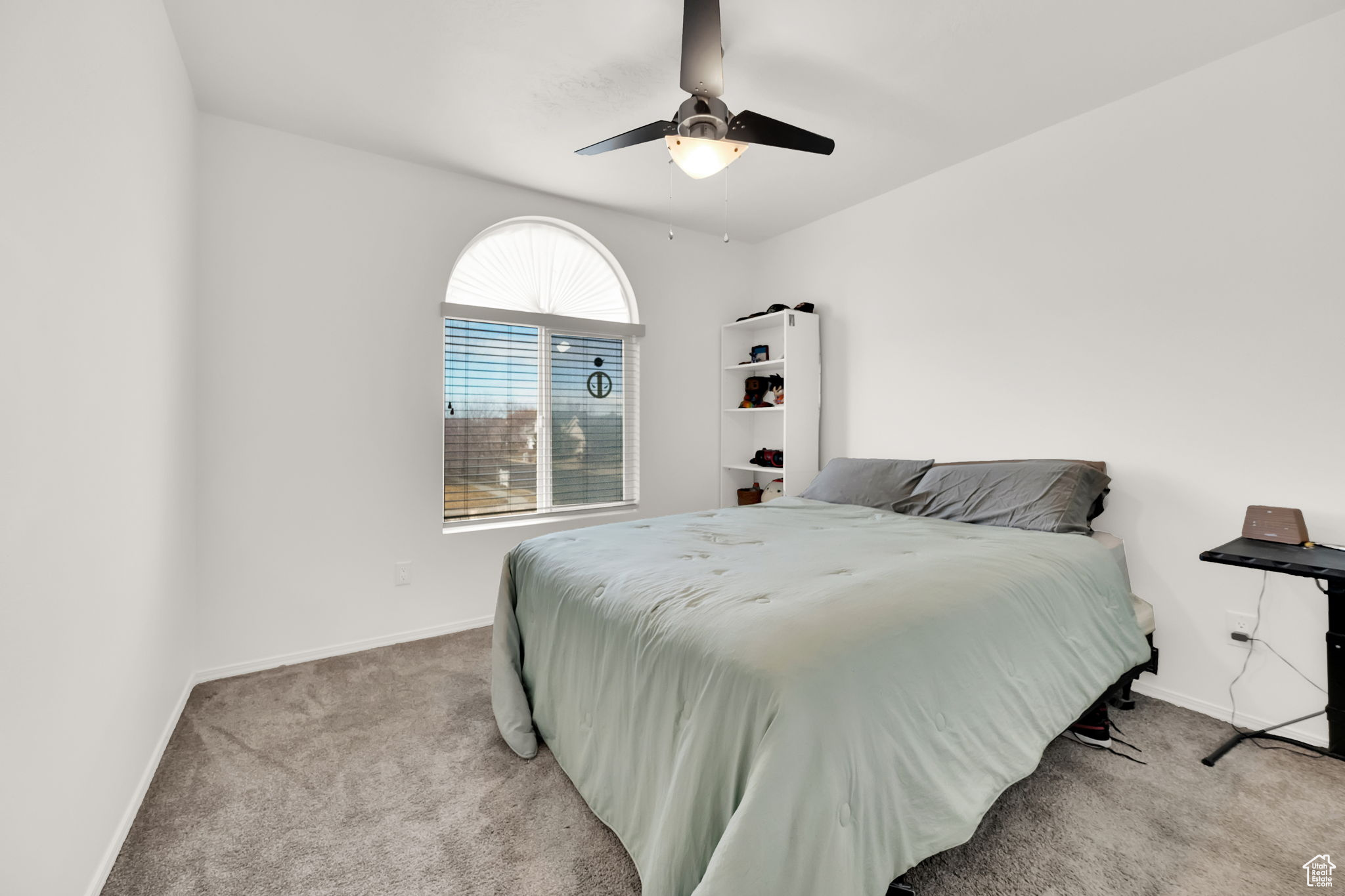 Carpeted bedroom with ceiling fan