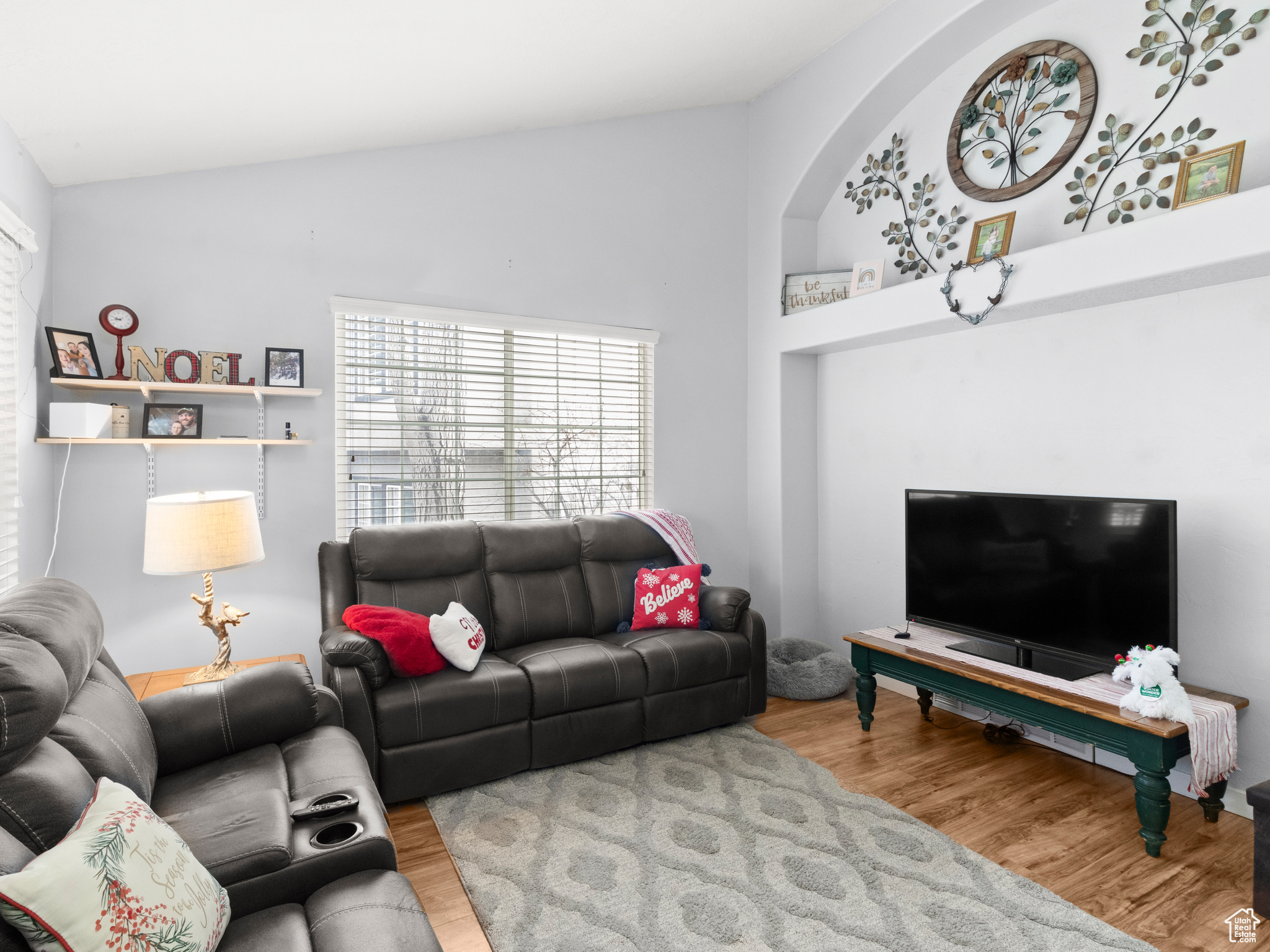 Living room featuring hardwood / wood-style flooring and high vaulted ceiling