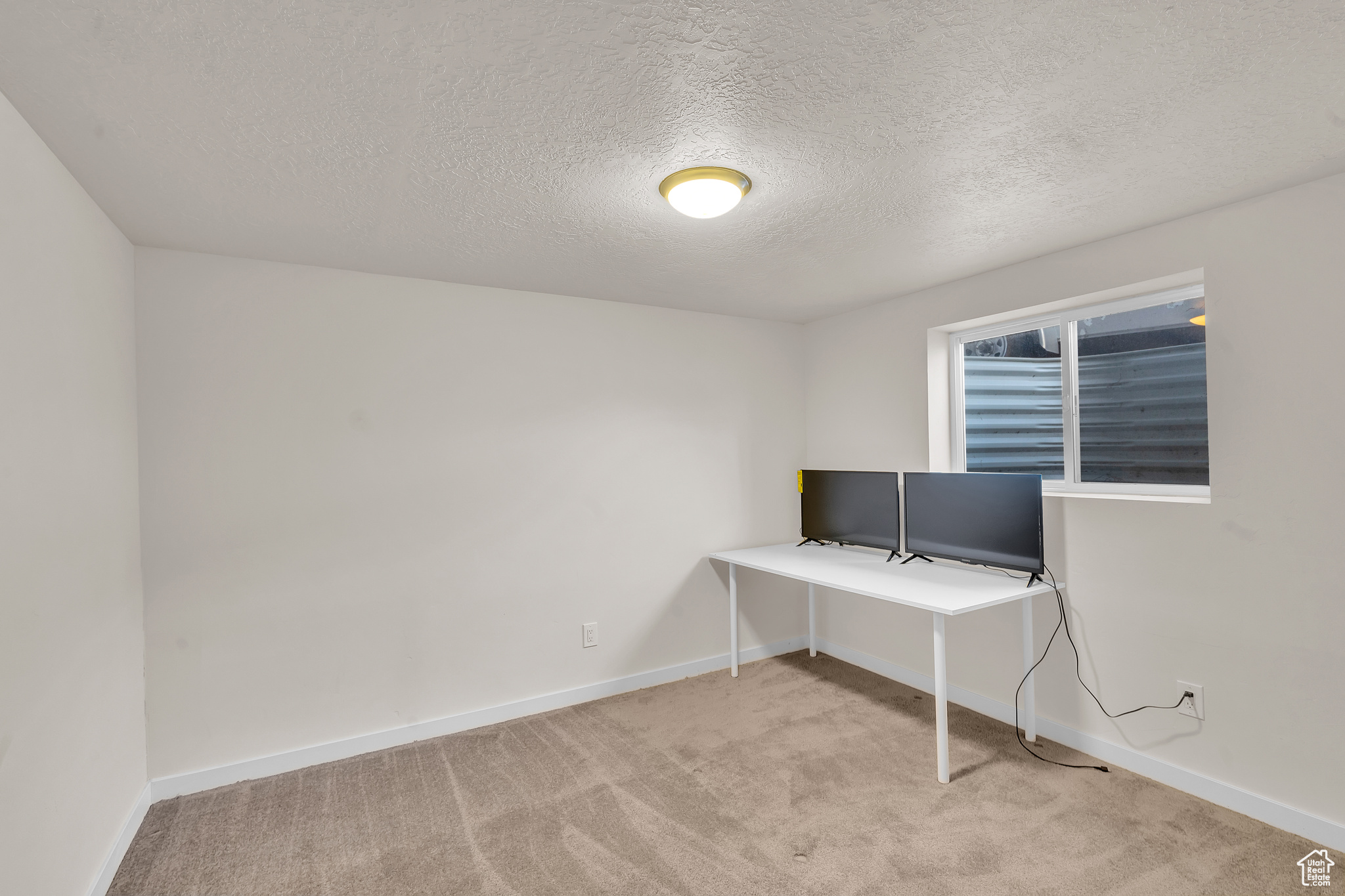 Unfurnished office featuring light colored carpet and a textured ceiling