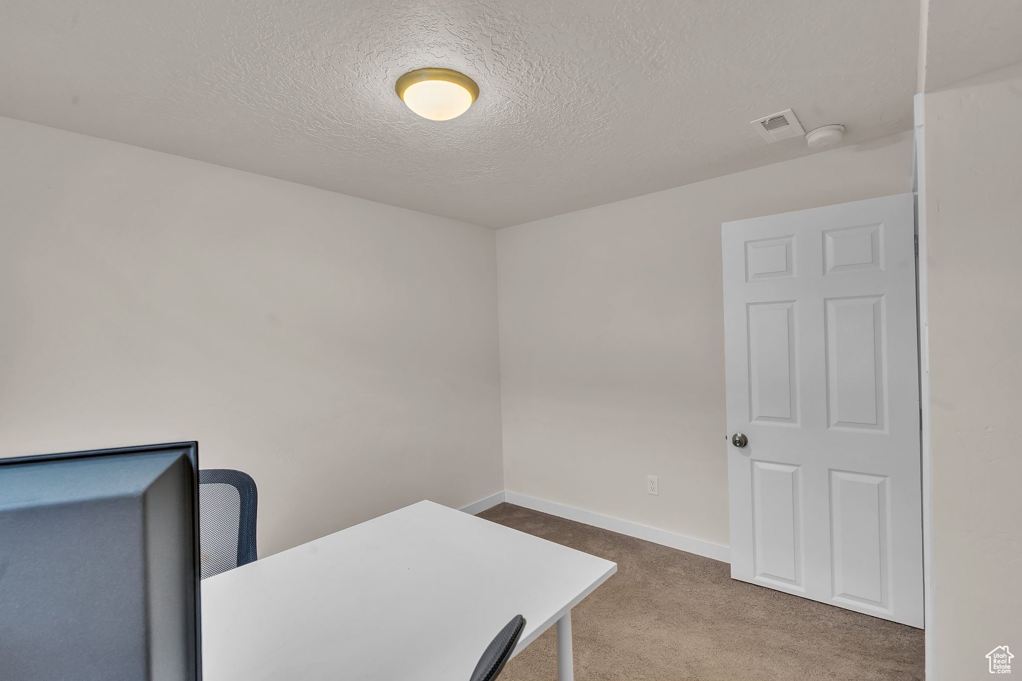 Office area with carpet floors and a textured ceiling