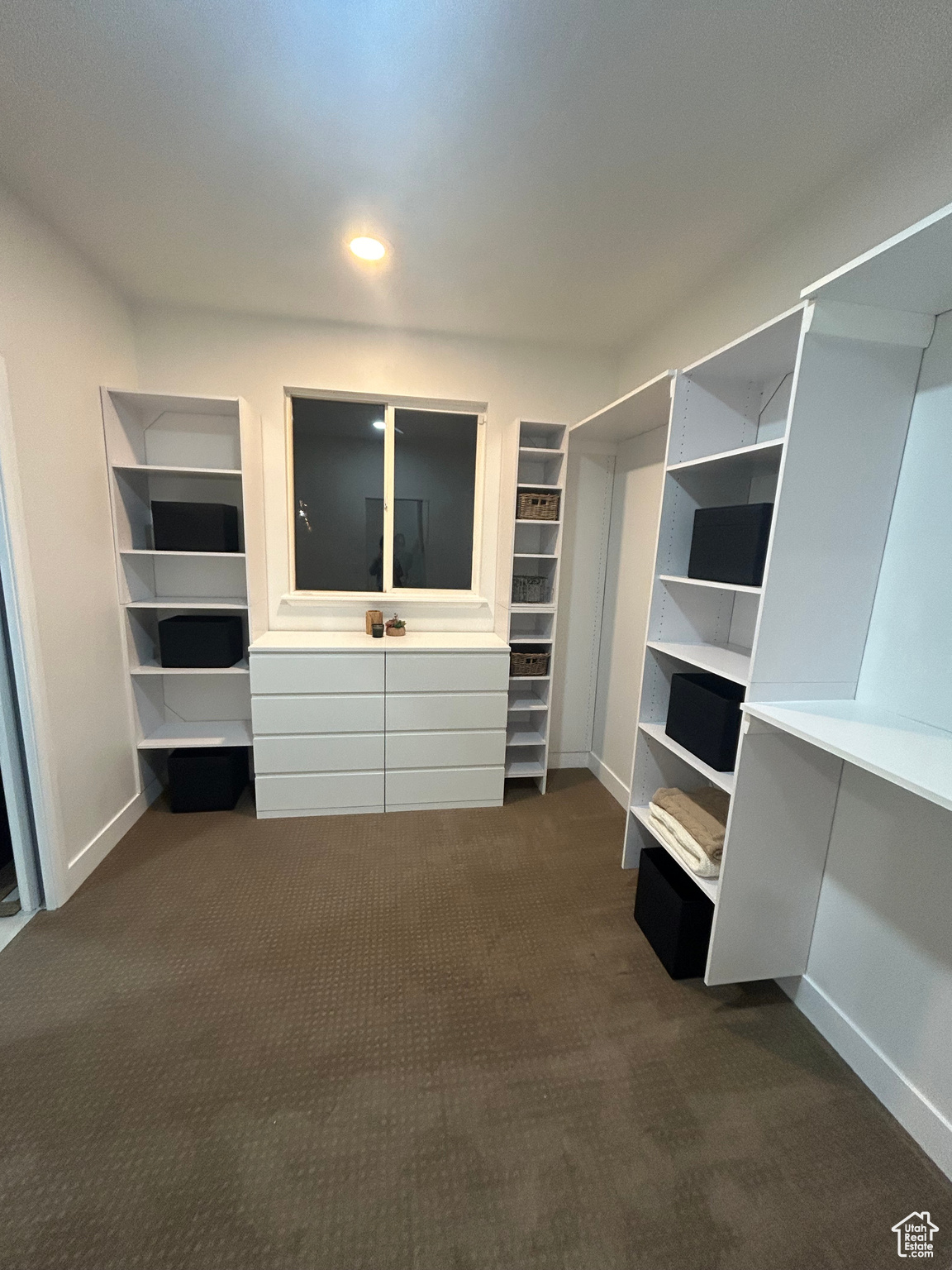 Spacious closet featuring dark colored carpet