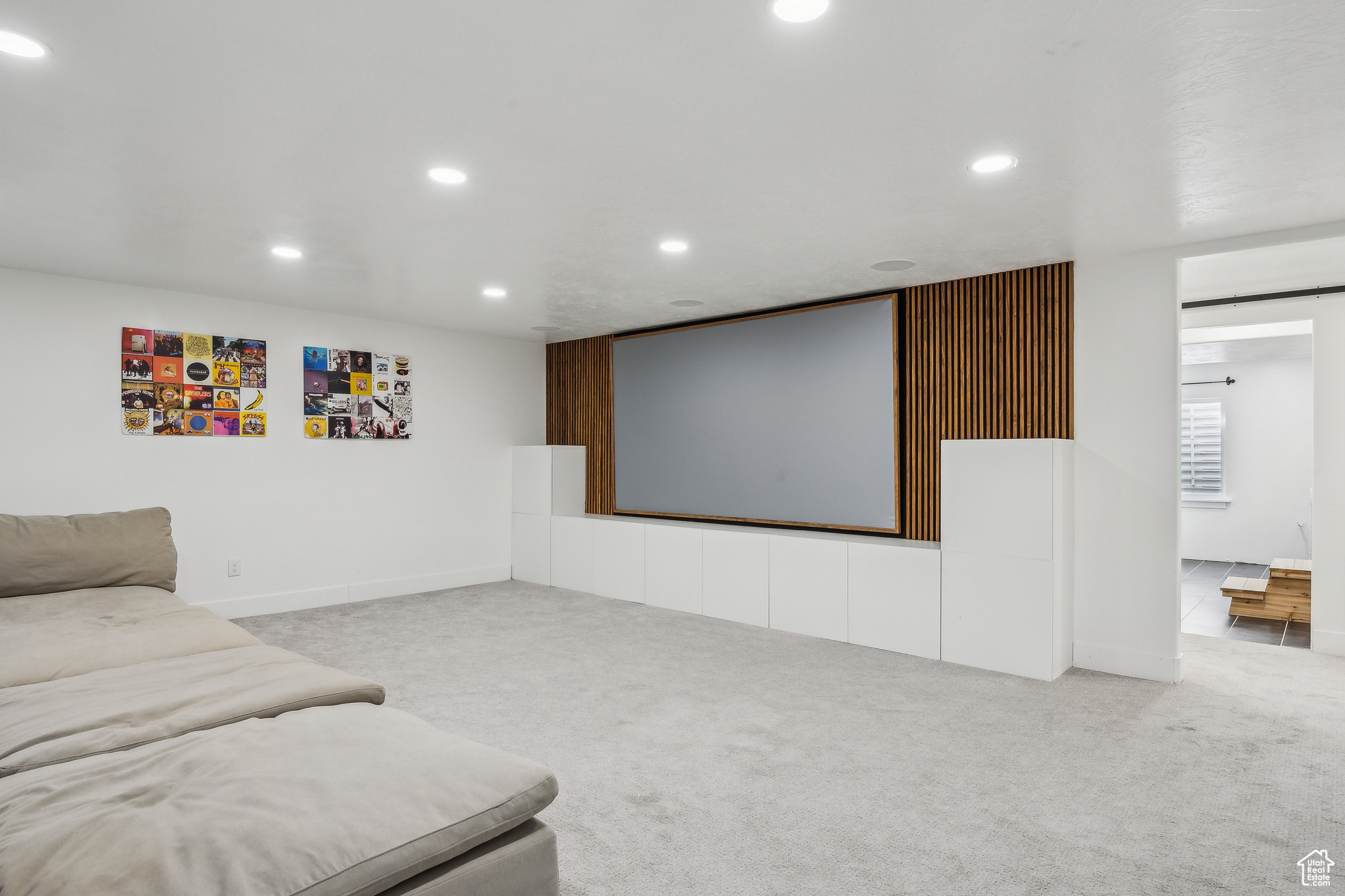 Cinema room with light carpet