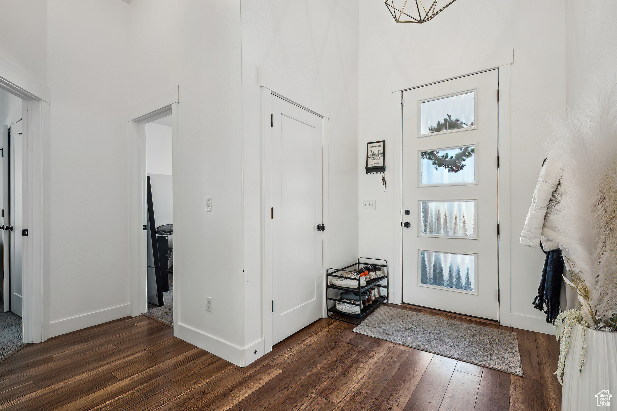 Foyer entrance featuring dark hardwood / wood-style floors and a high ceiling