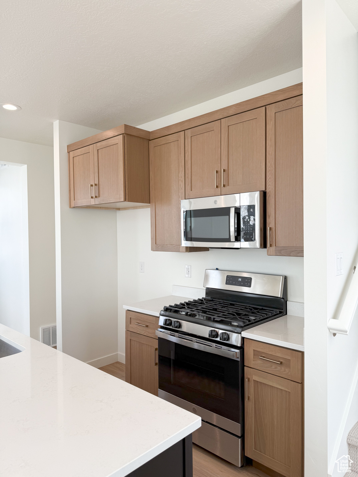 Kitchen with stainless steel appliances and light hardwood / wood-style floors