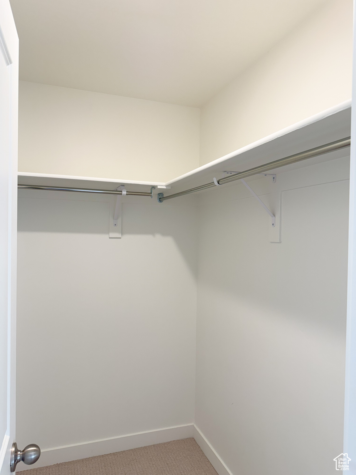 Walk in closet with light colored carpet