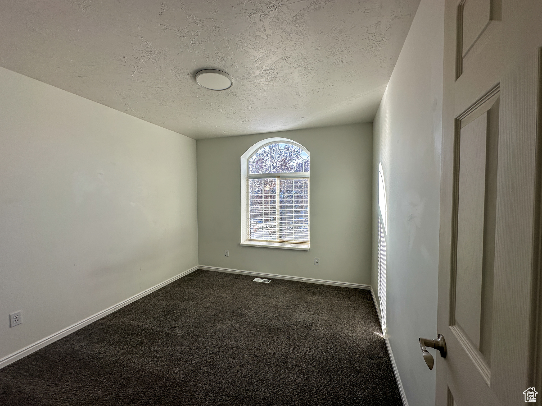 Carpeted empty room with a textured ceiling