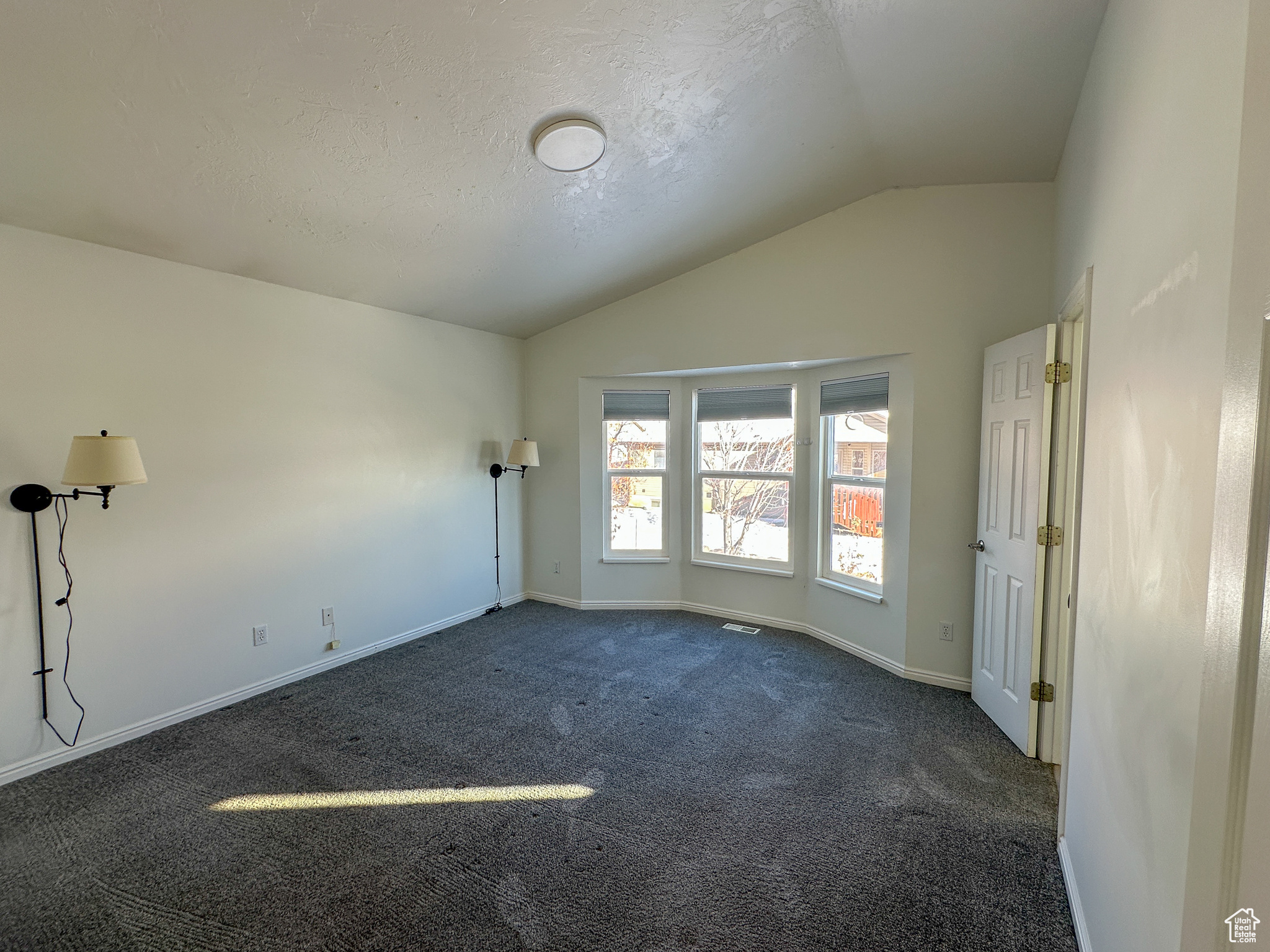 Carpeted spare room with lofted ceiling and a textured ceiling