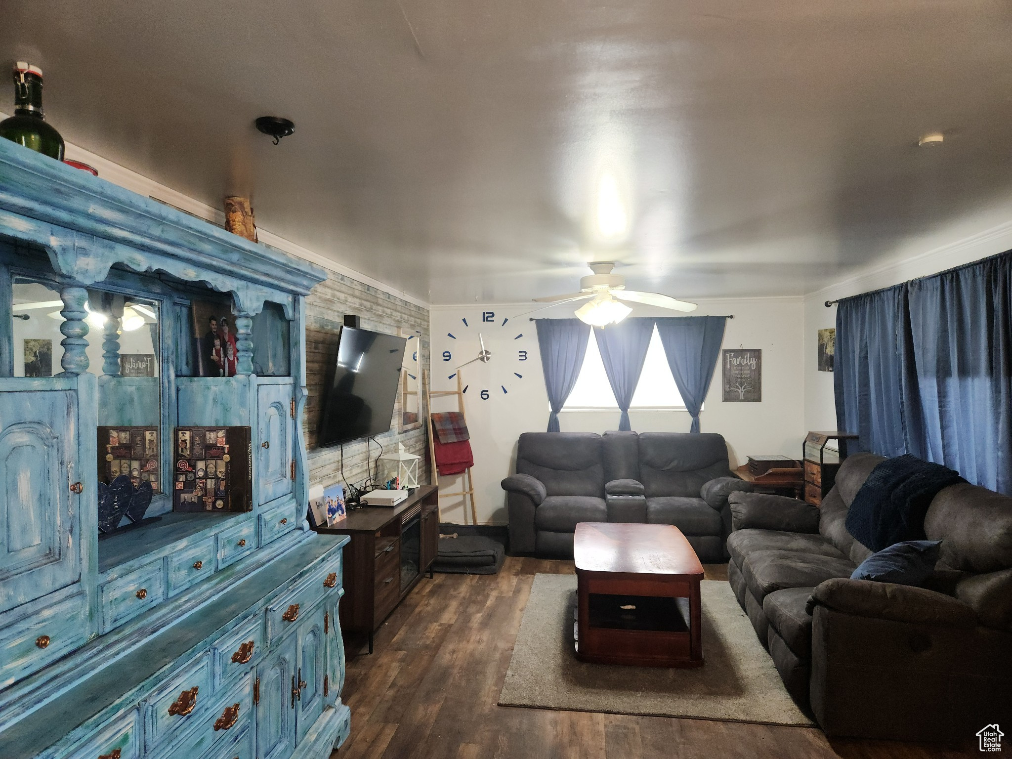 Living room with dark hardwood / wood-style floors and ceiling fan