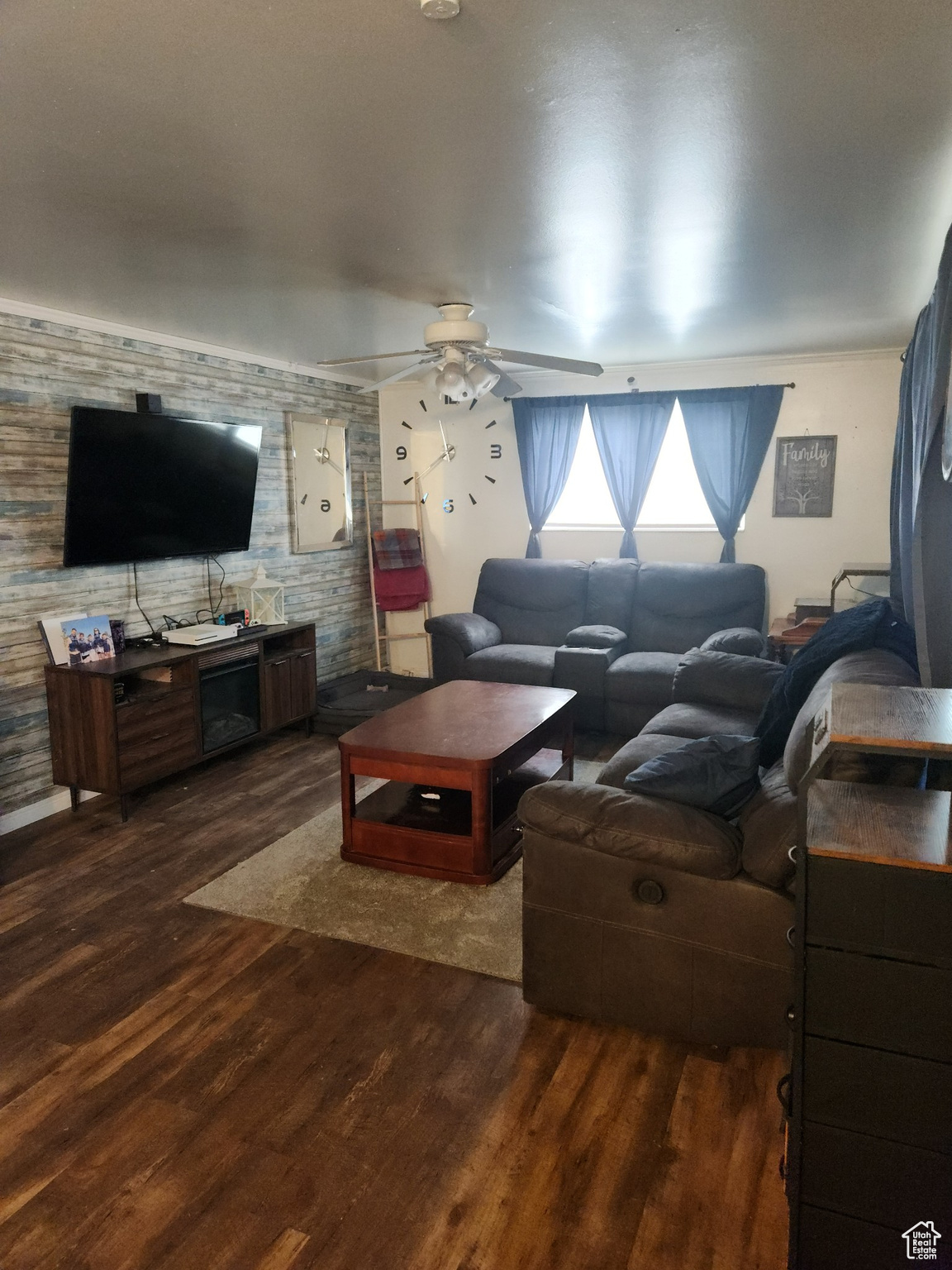 Living room featuring dark hardwood / wood-style floors and ceiling fan