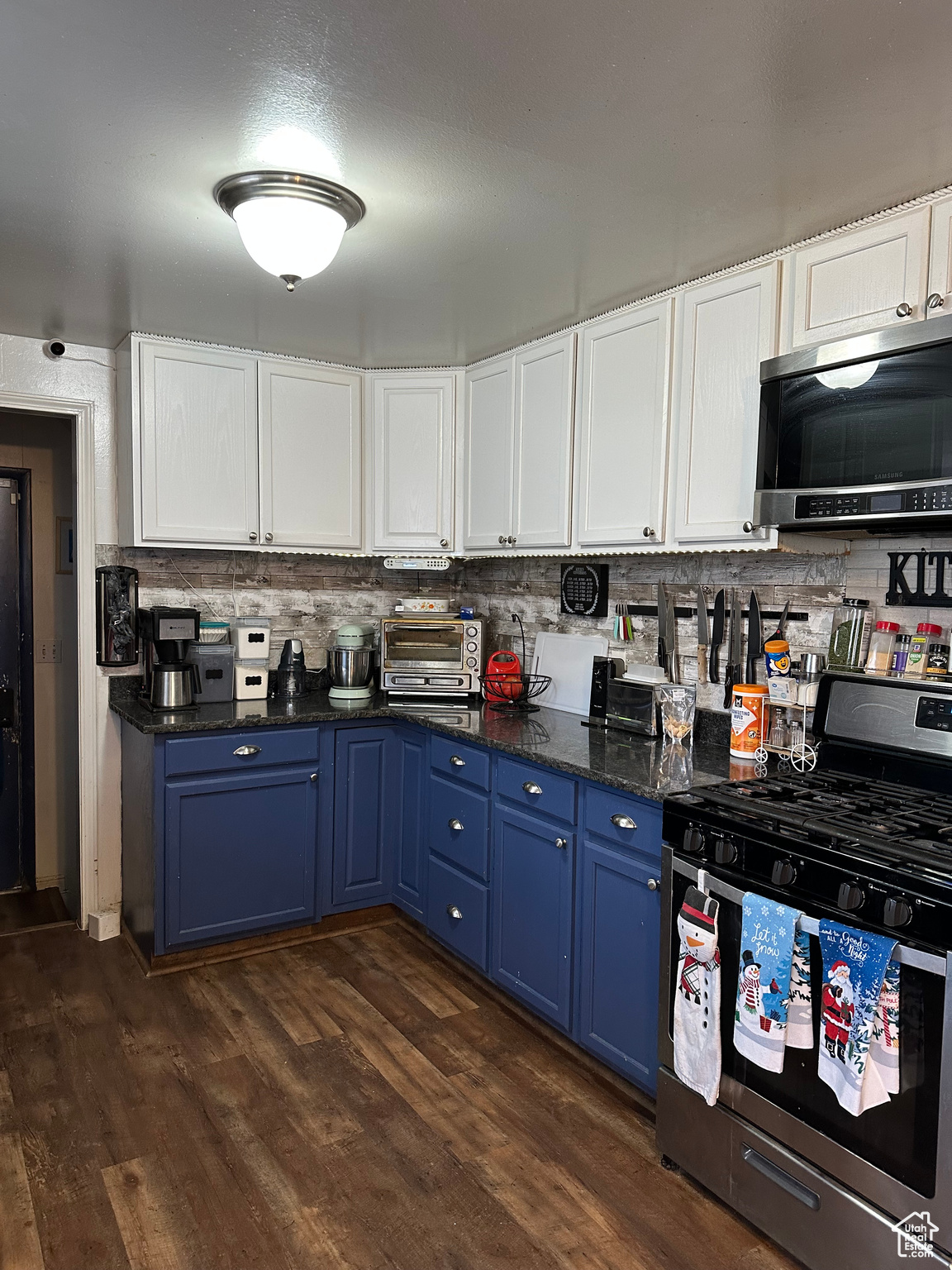 Kitchen featuring white cabinetry, blue cabinetry, appliances with stainless steel finishes, and dark wood-type flooring, granite counters.