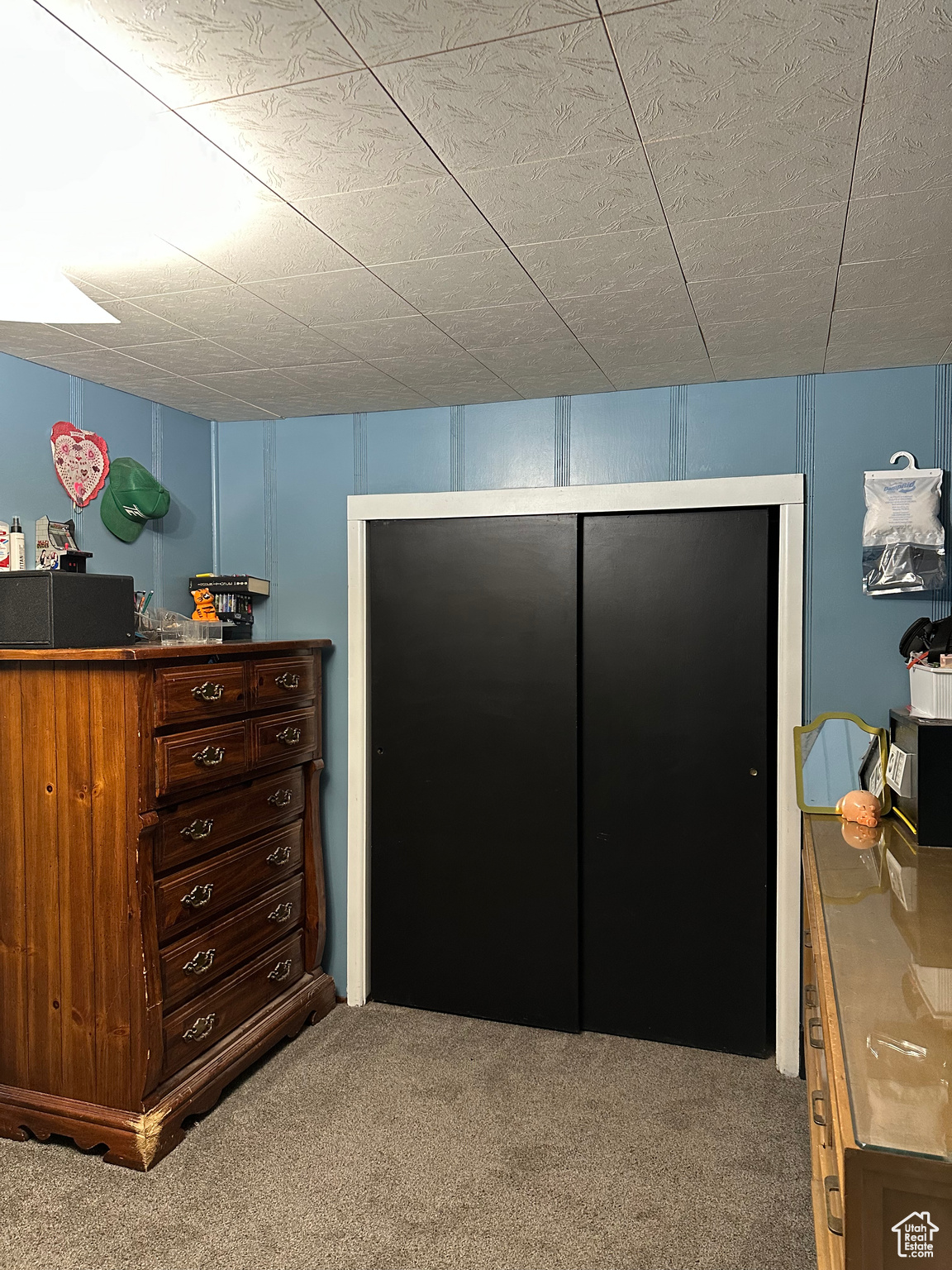 Carpeted bedroom with a closet