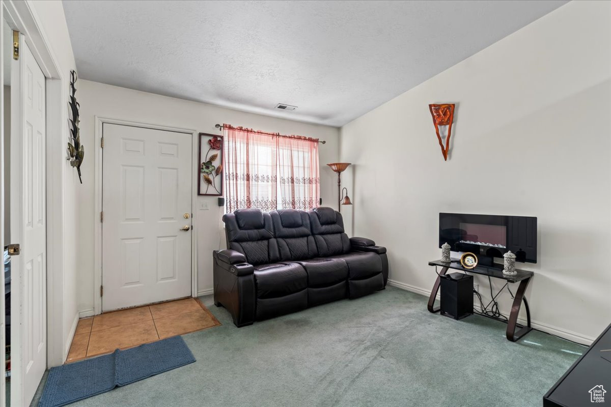 Carpeted living room with a textured ceiling