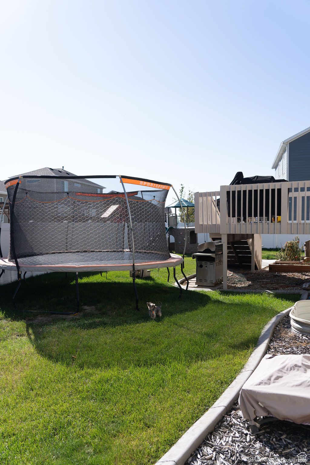 View of yard featuring a trampoline