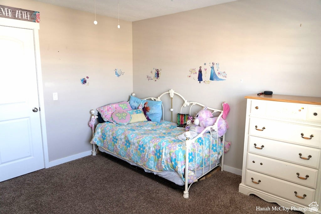 Bedroom with dark carpet