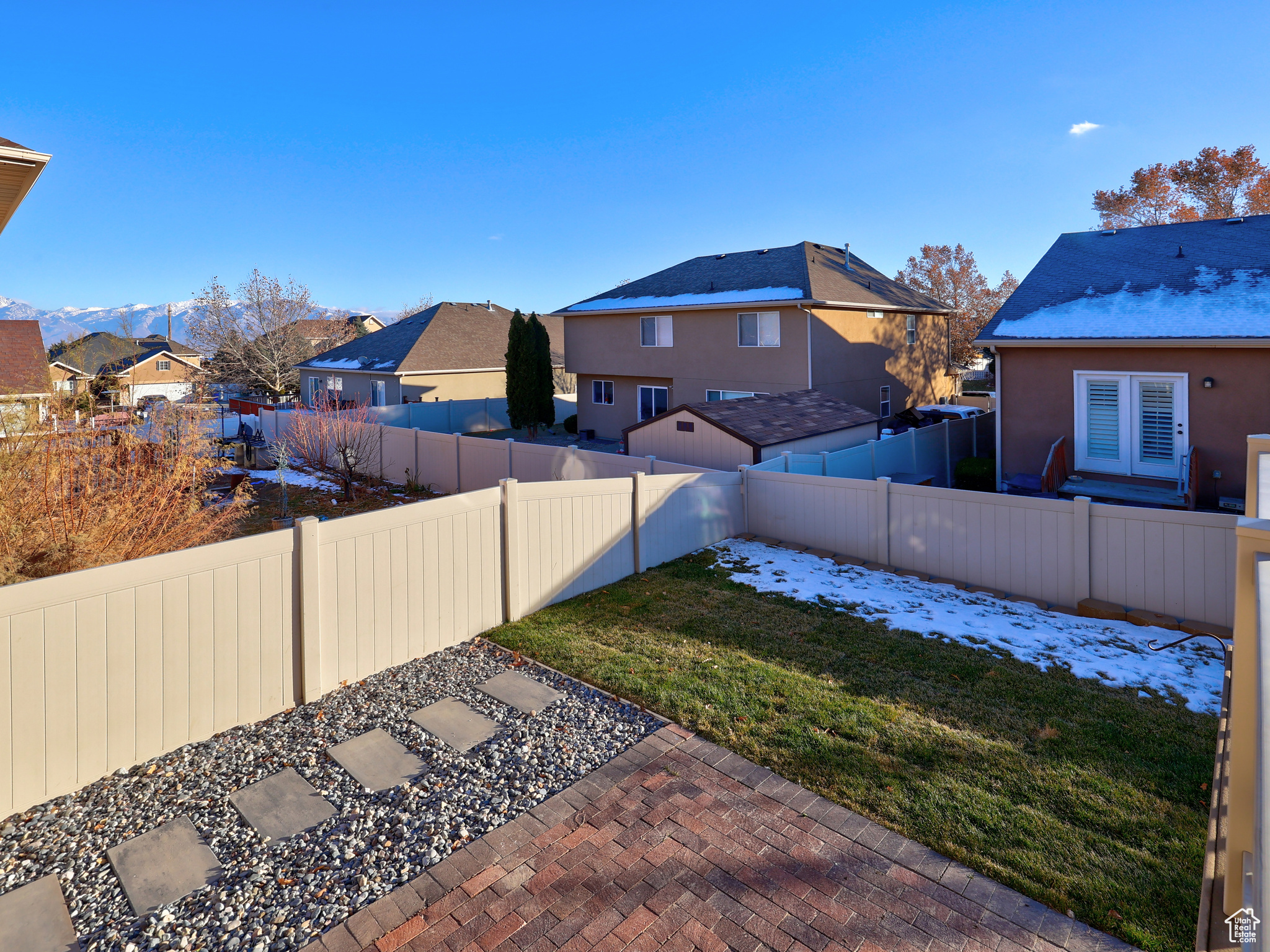 View of yard featuring a mountain view and a patio area