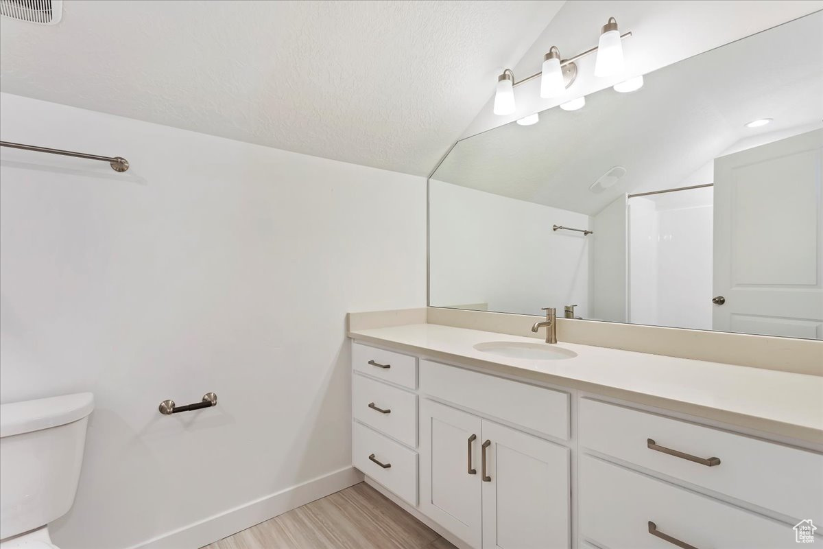 Bathroom with vanity, a textured ceiling, vaulted ceiling, wood-type flooring, and toilet