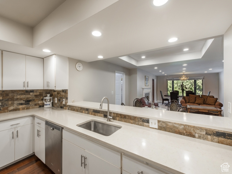 Kitchen with sink, stainless steel dishwasher, dark hardwood / wood-style floors, a tray ceiling, and white cabinetry