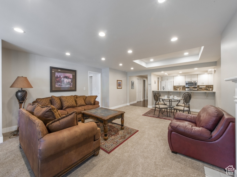 Living room with a tray ceiling and light carpet