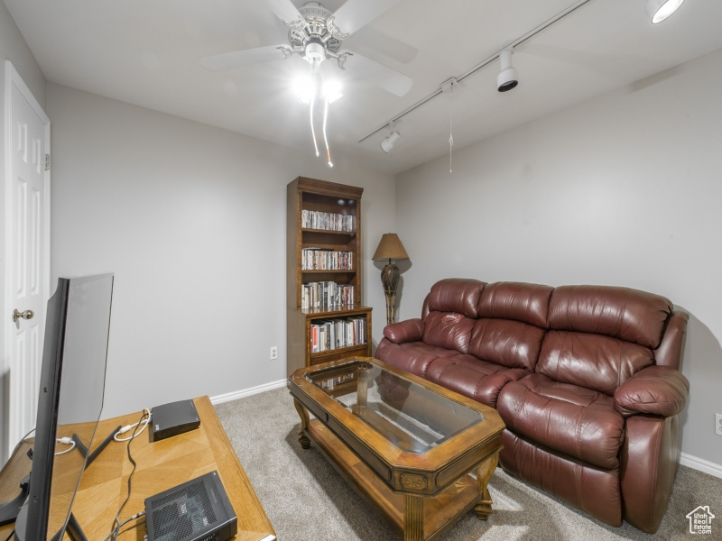 Living room featuring carpet flooring, ceiling fan, and rail lighting