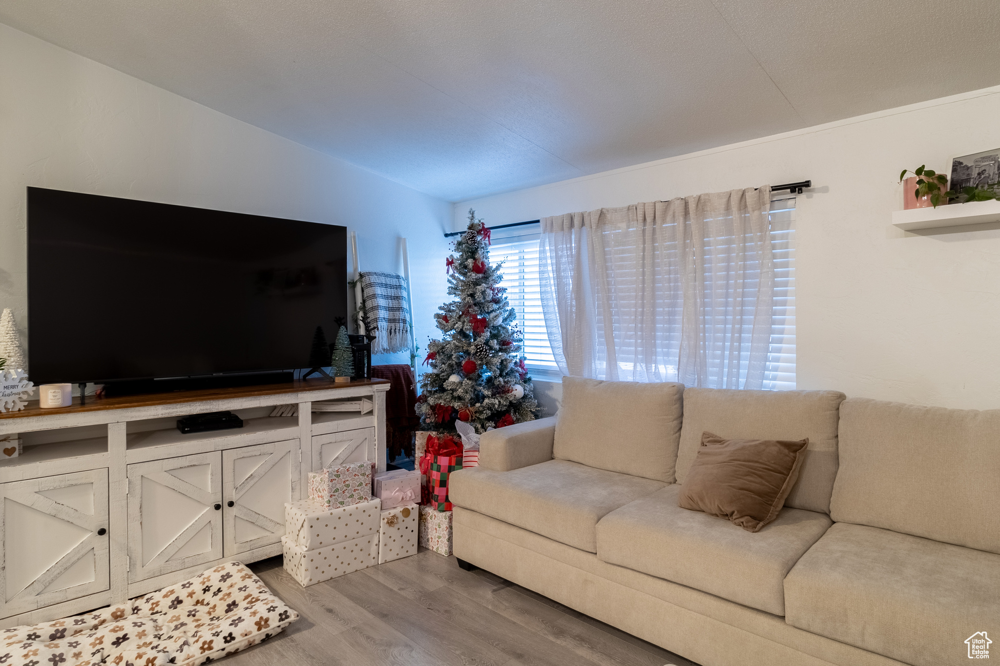 Living room with wood-style floors and vaulted ceiling