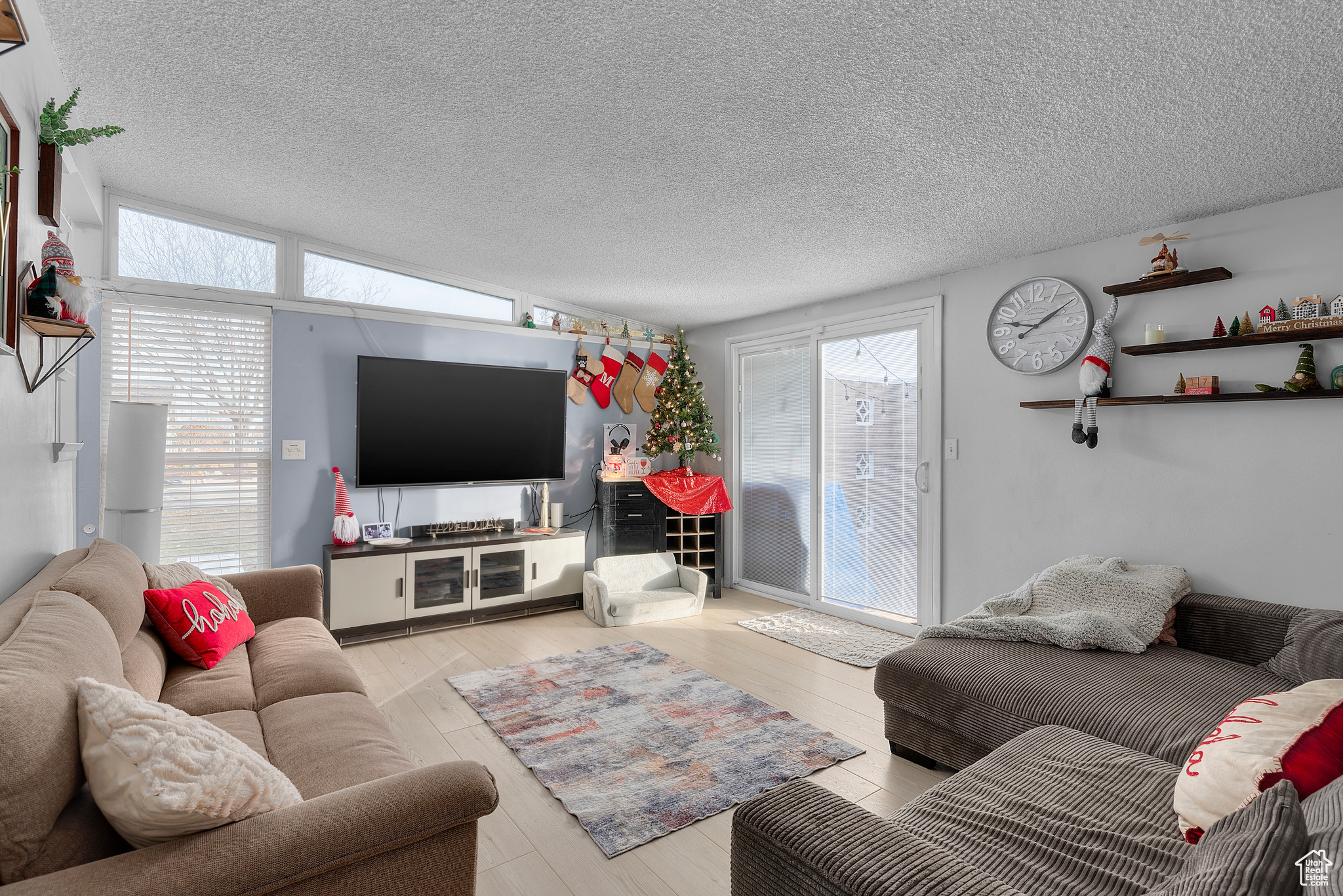 Living room featuring light hardwood / wood-style flooring and a textured ceiling