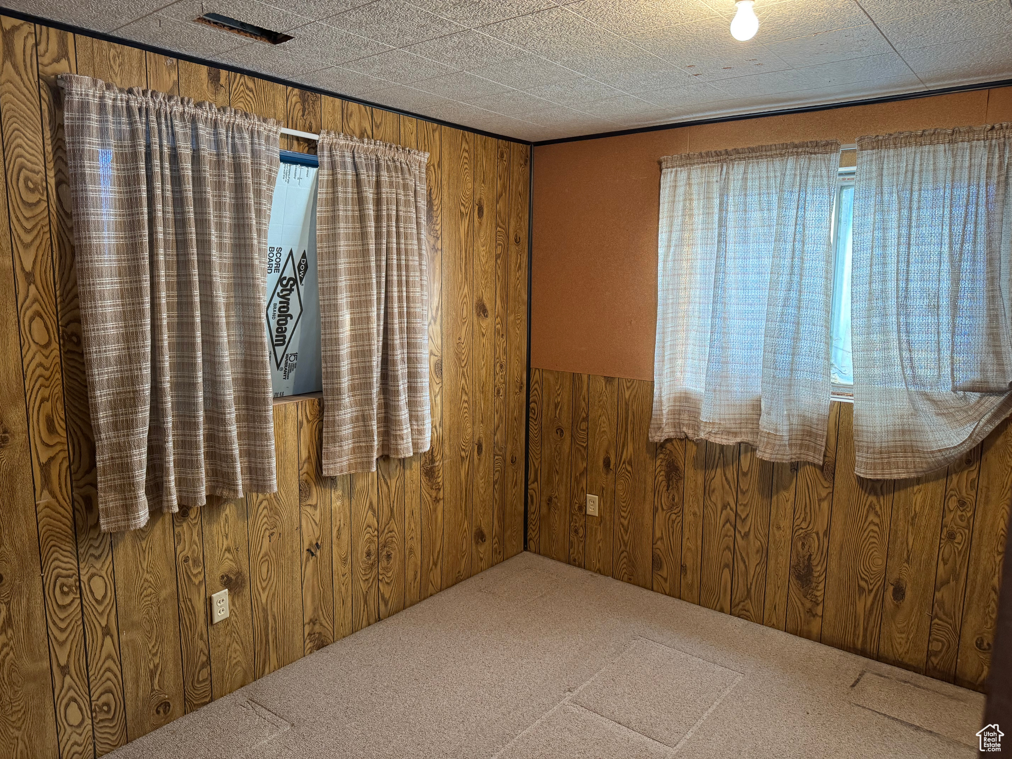 Spare room with carpet floors and wooden walls