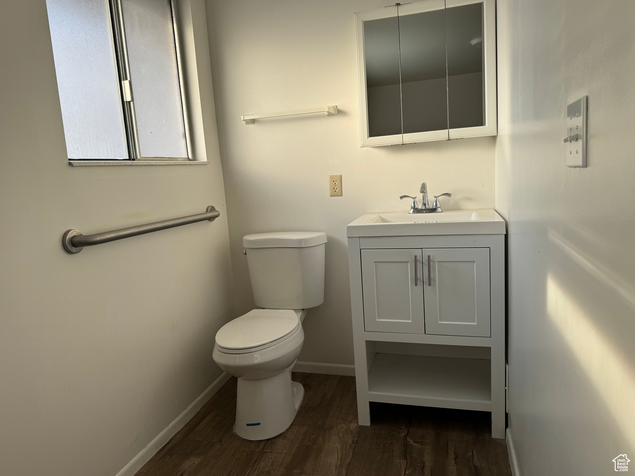 Bathroom with hardwood / wood-style floors, vanity, and toilet