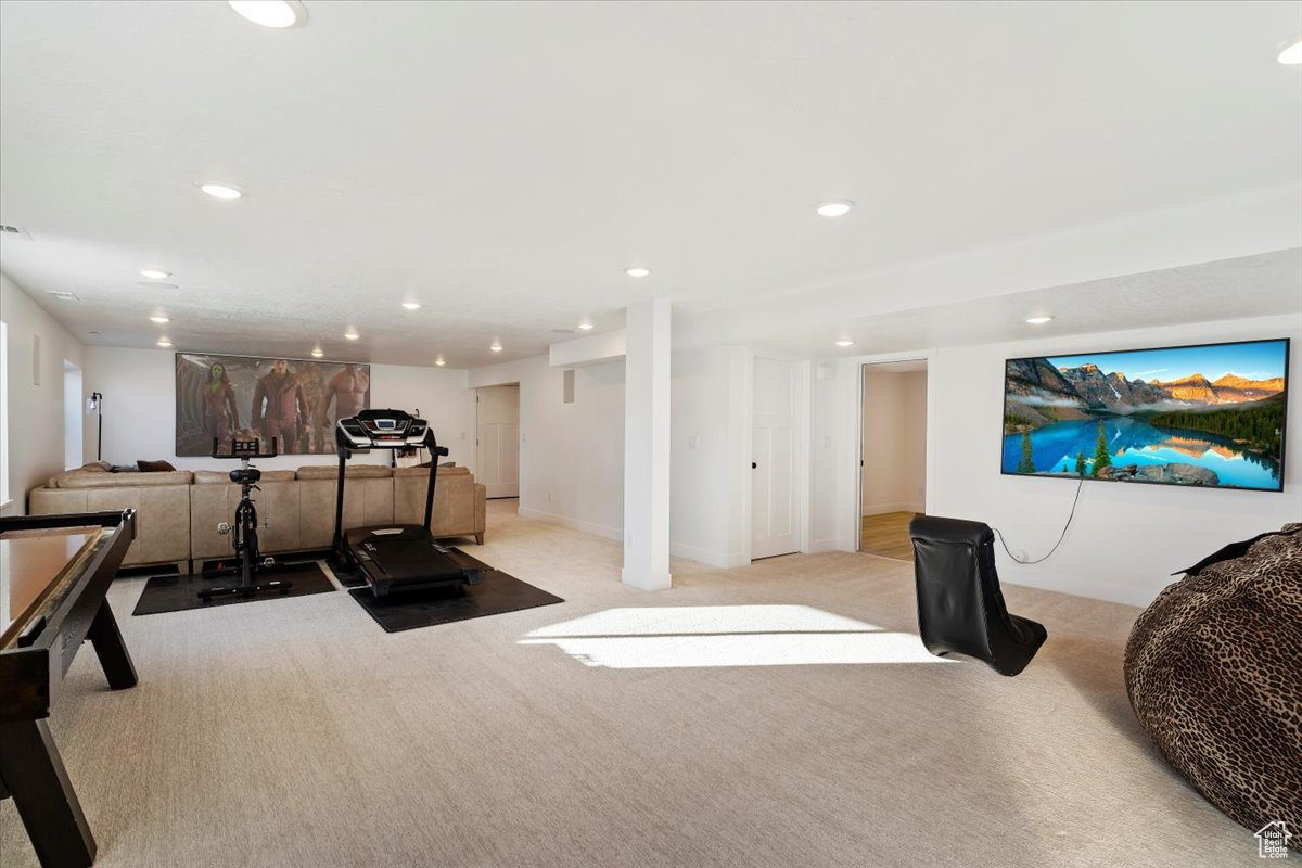 Workout room featuring light colored carpet