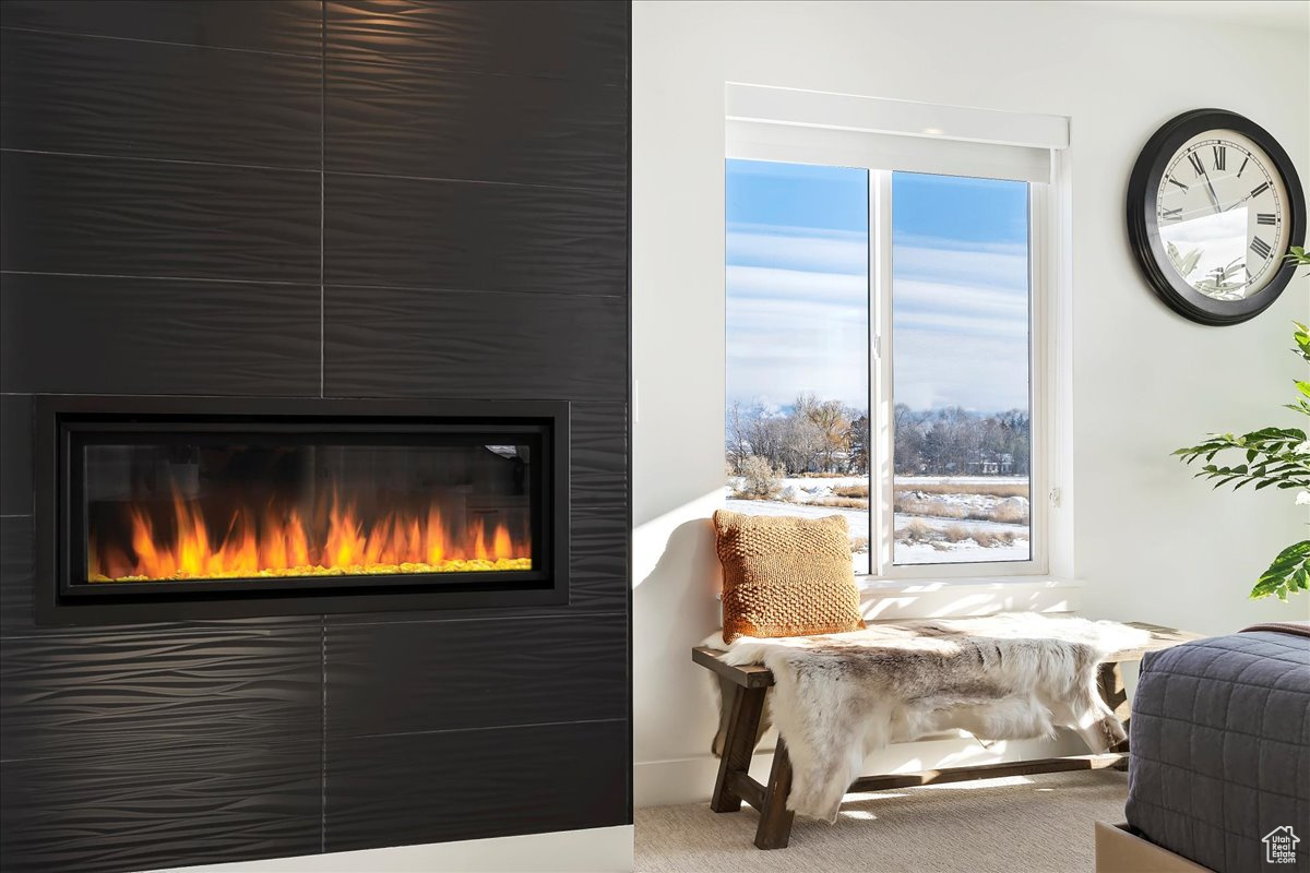 Living area featuring a large fireplace, carpet floors, and a healthy amount of sunlight