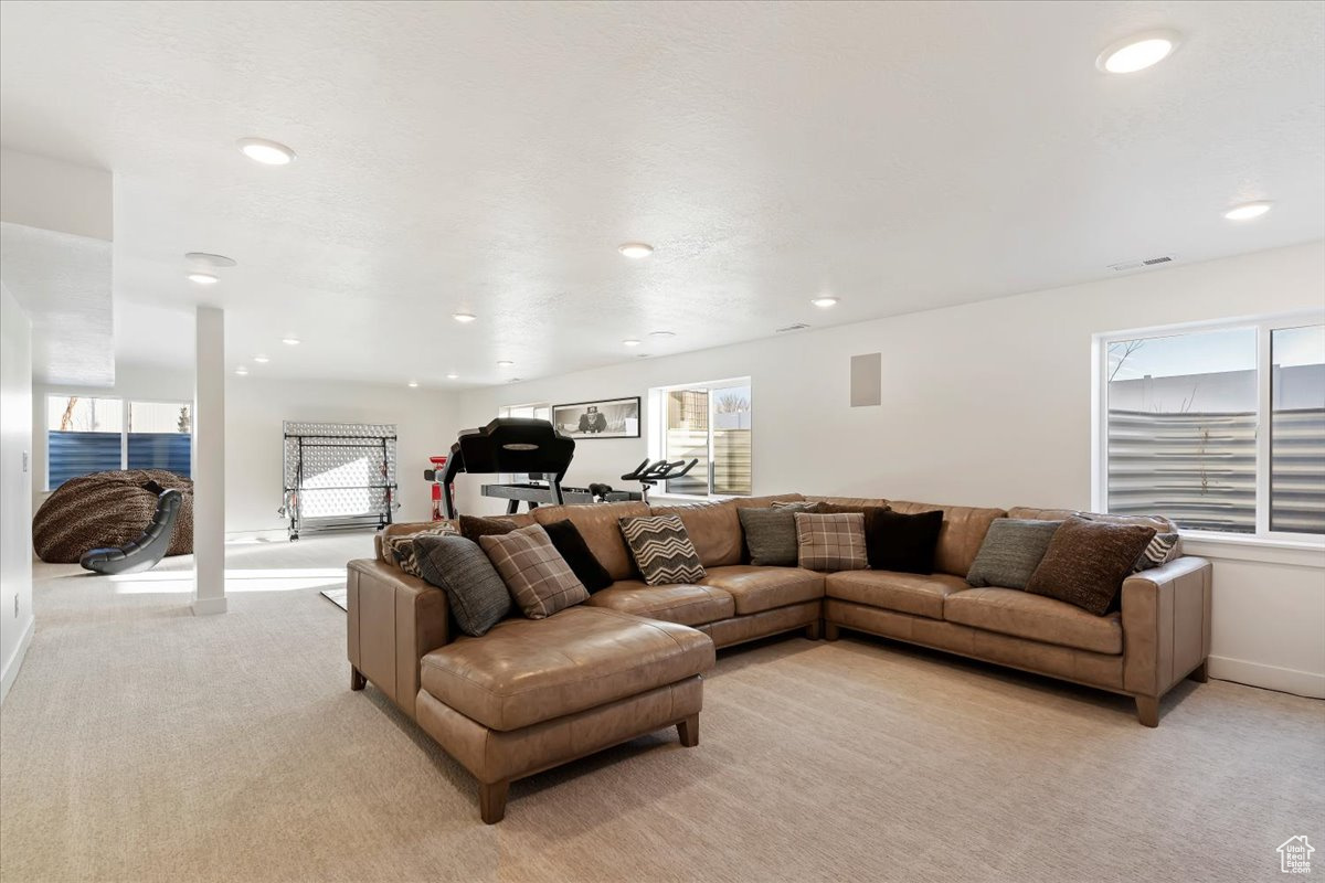 Living room featuring light carpet and a healthy amount of sunlight