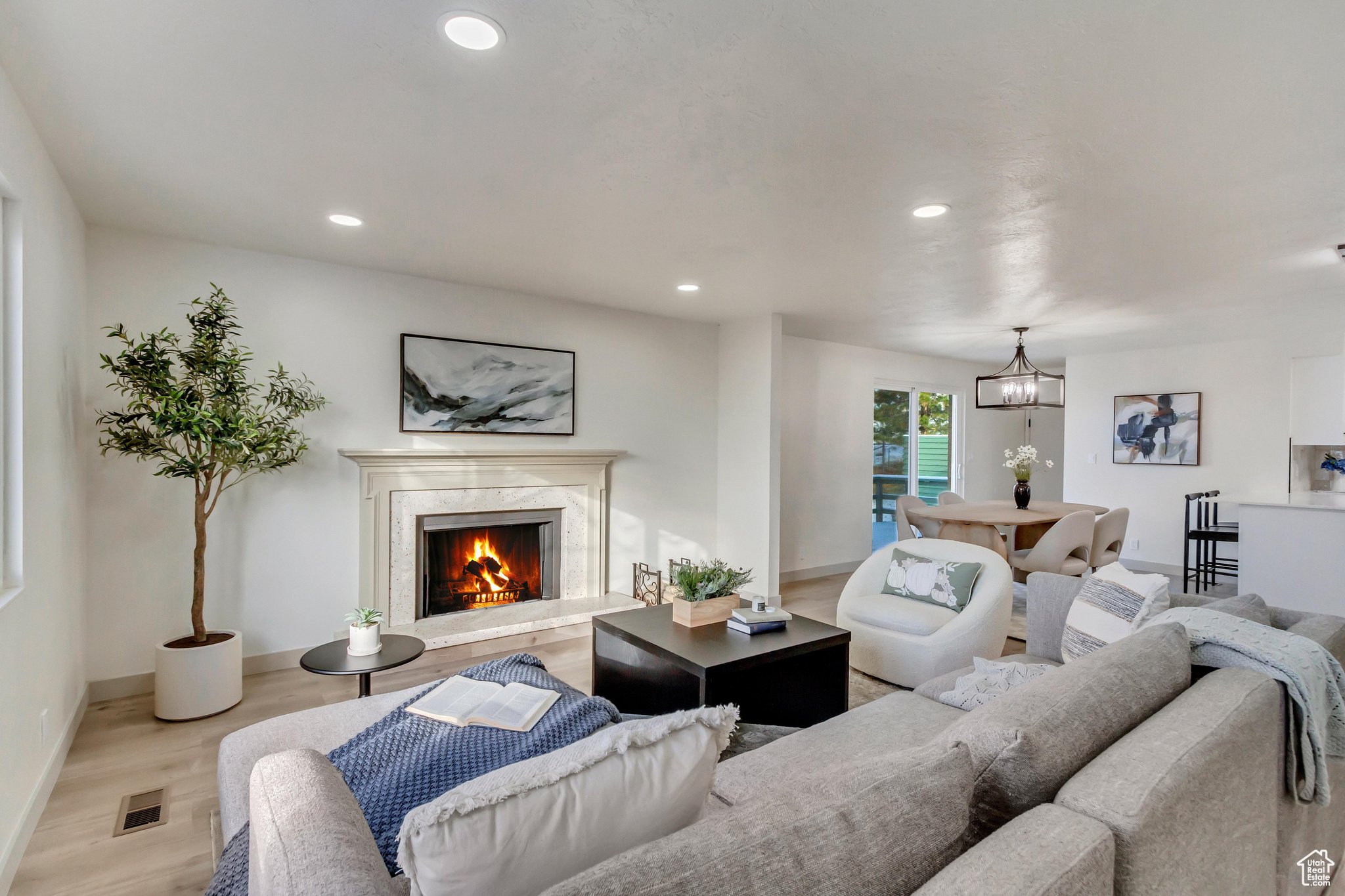 Living room with a chandelier, a premium fireplace, and light hardwood / wood-style floors