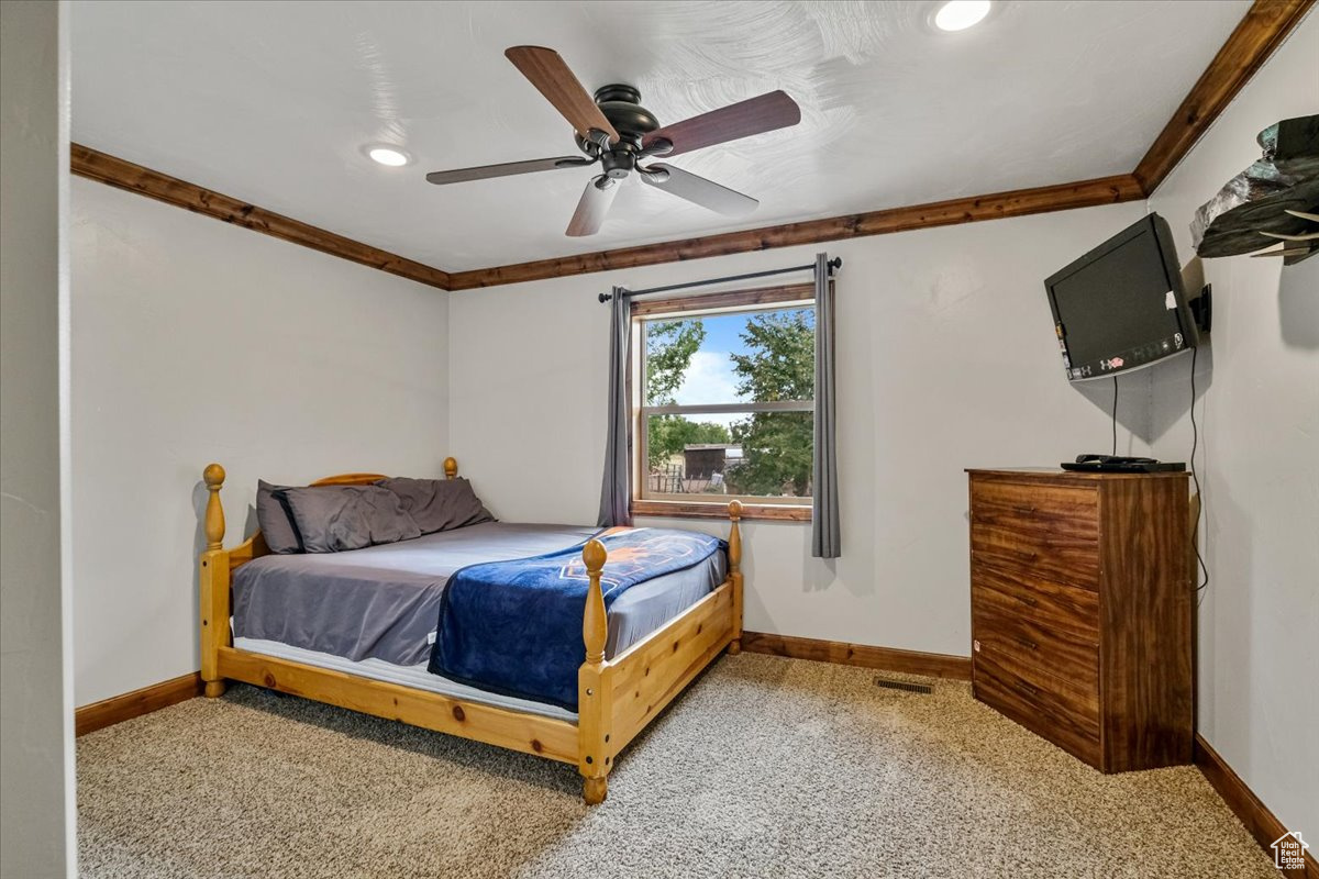 Carpeted bedroom featuring ceiling fan and ornamental molding