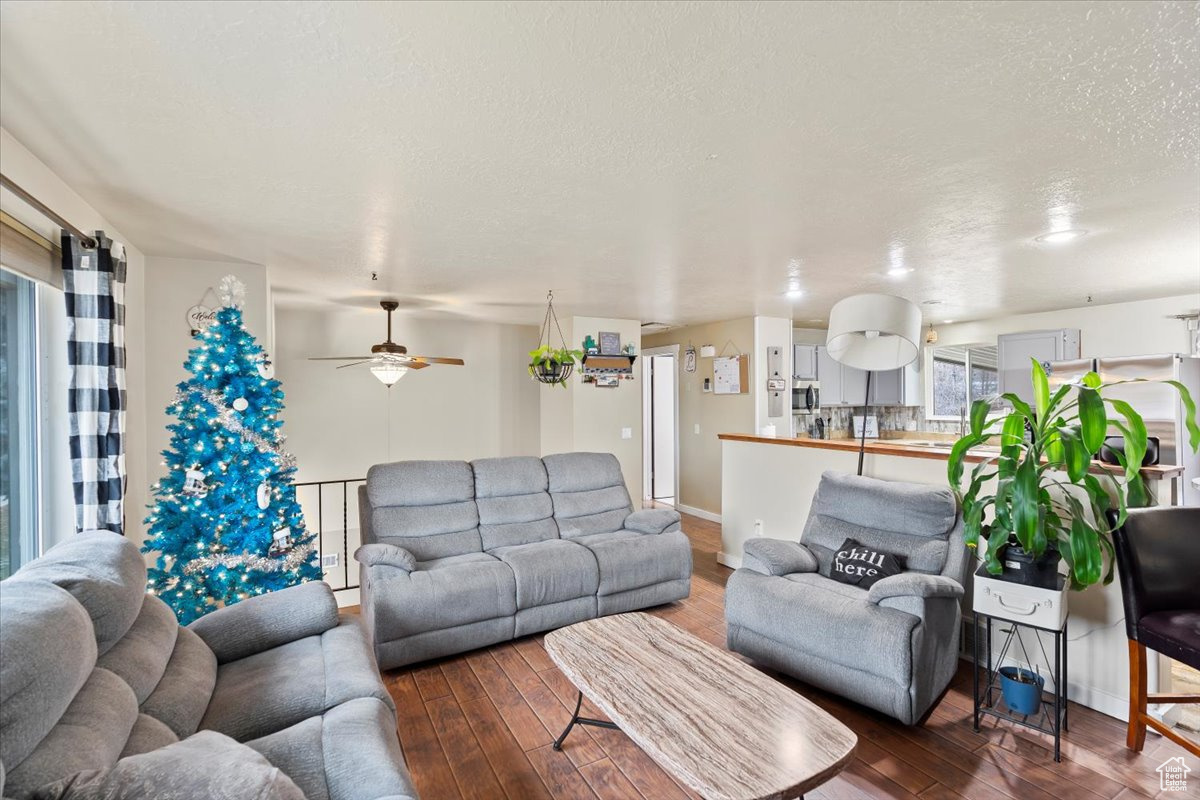 Living room featuring ceiling fan, dark hardwood / wood-style flooring, and a textured ceiling