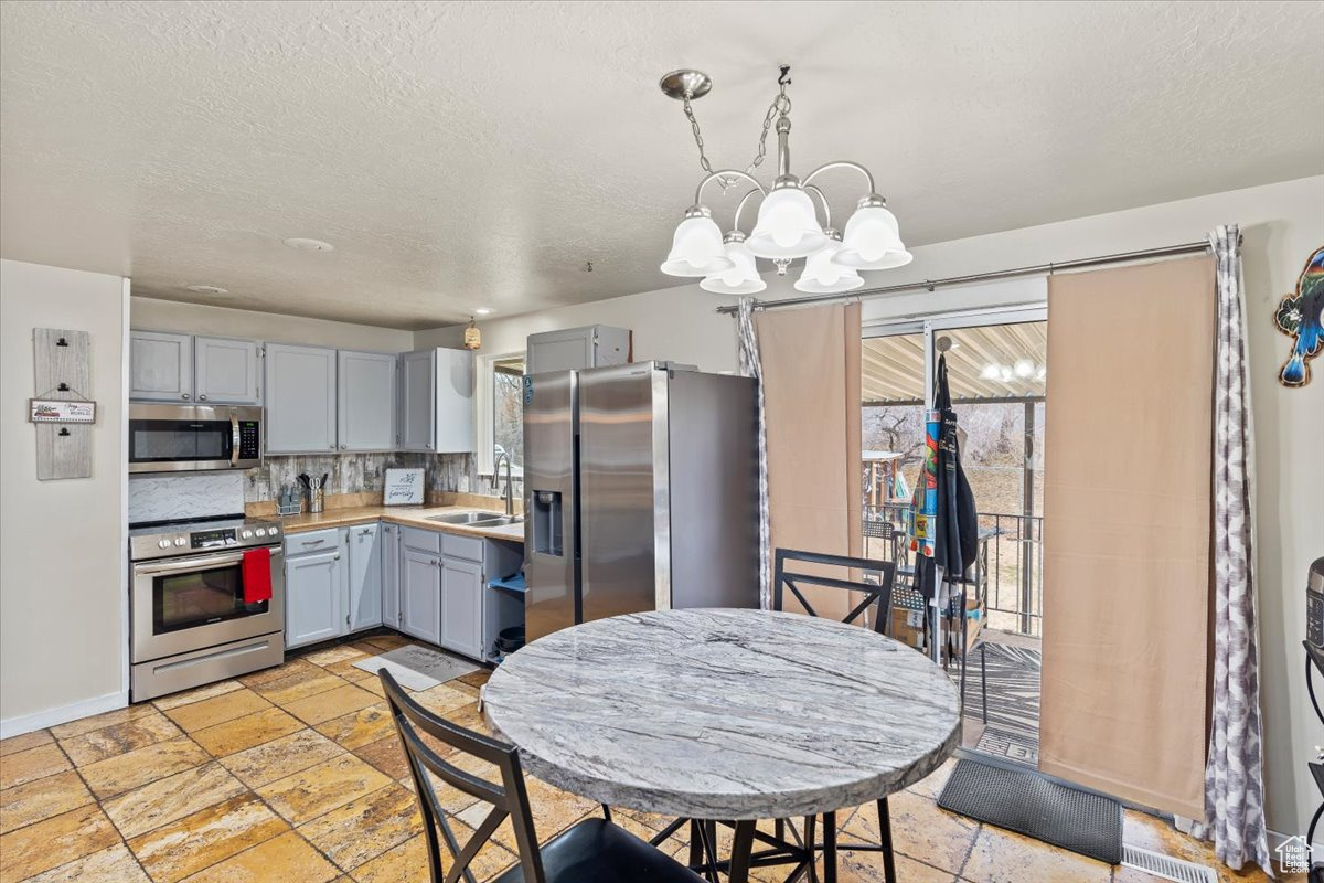 Kitchen with an inviting chandelier, hanging light fixtures, sink, decorative backsplash, and appliances with stainless steel finishes