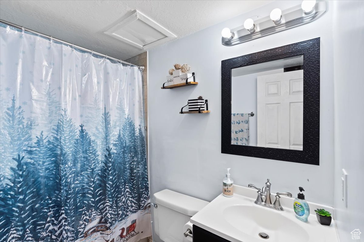 Bathroom featuring vanity, a textured ceiling, toilet, and a shower with shower curtain