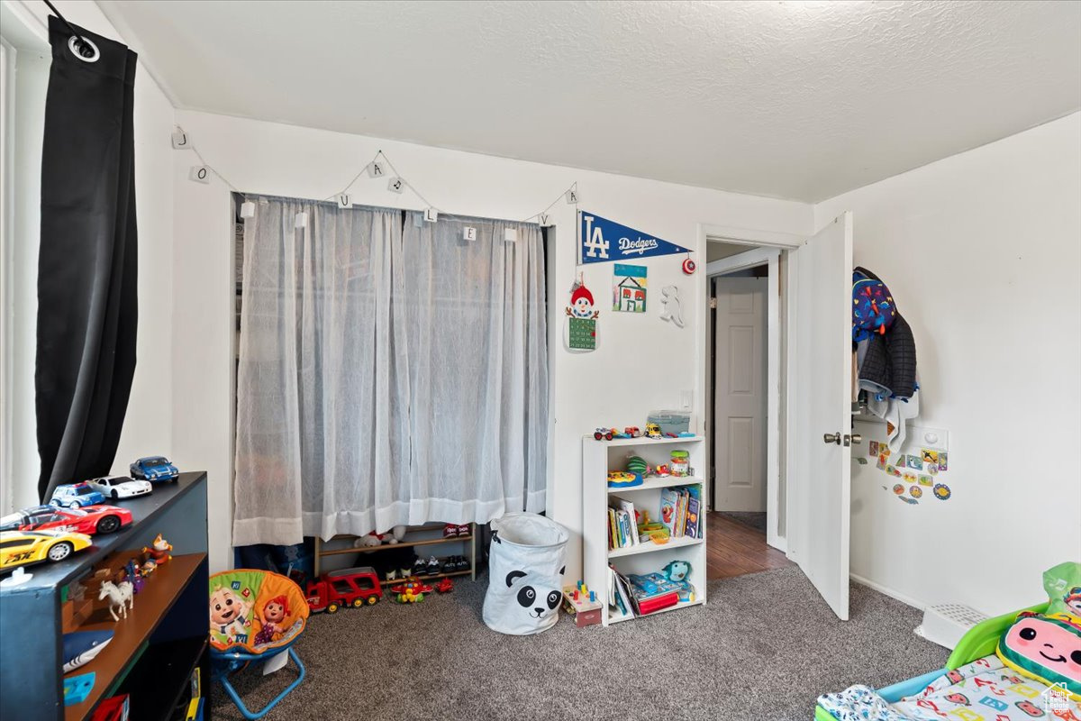 Rec room featuring carpet and a textured ceiling