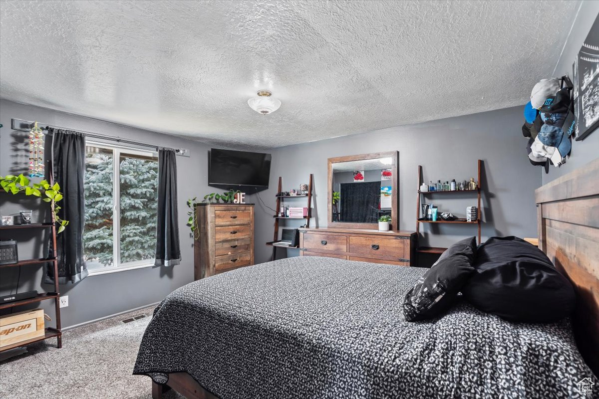 Bedroom with carpet flooring and a textured ceiling