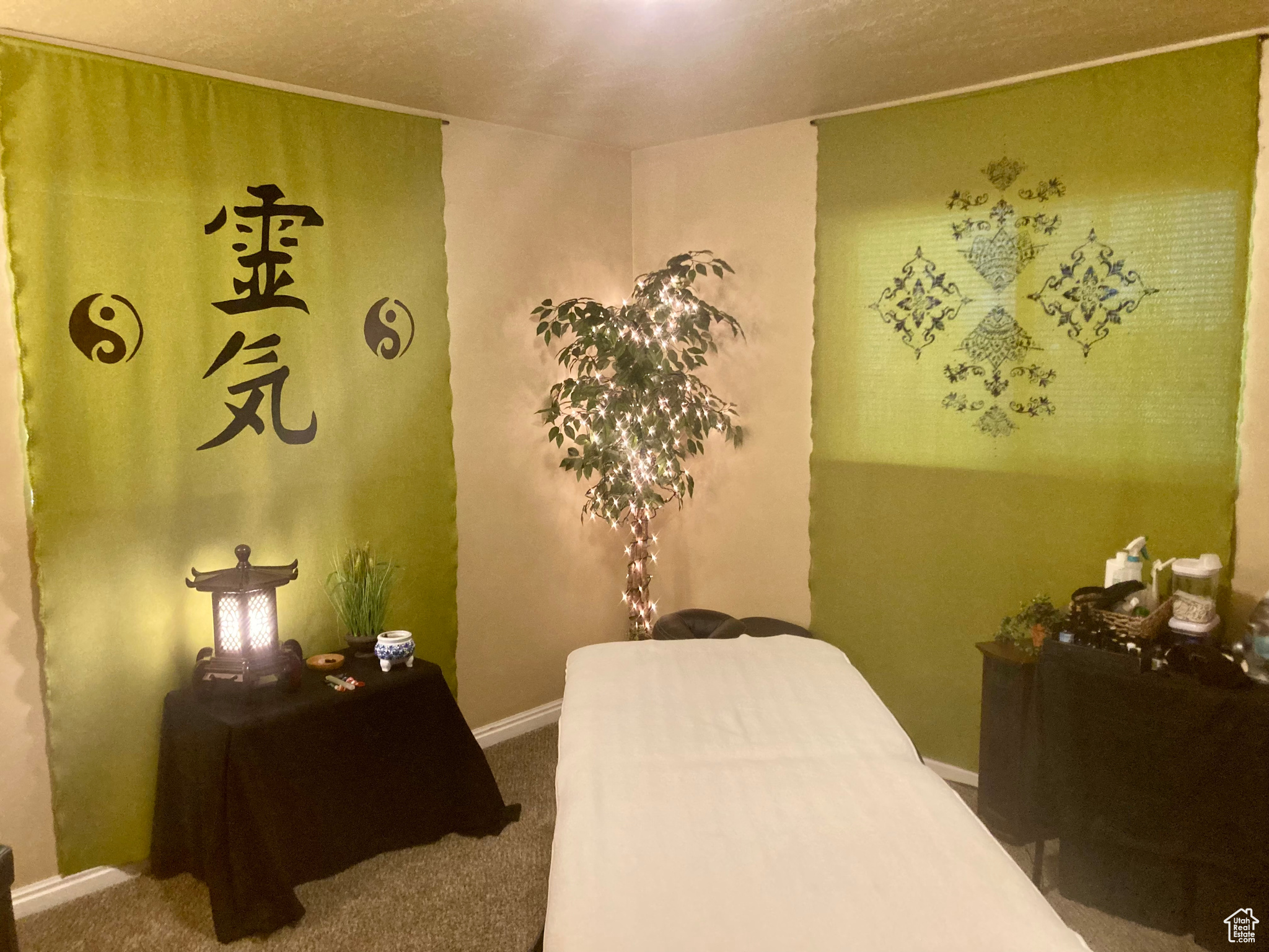 Bedroom featuring carpet flooring and a textured ceiling