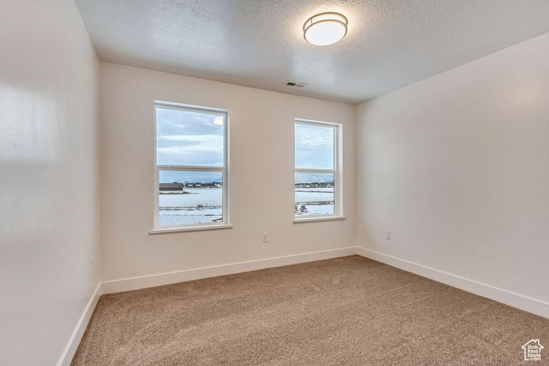 Carpeted empty room with a textured ceiling