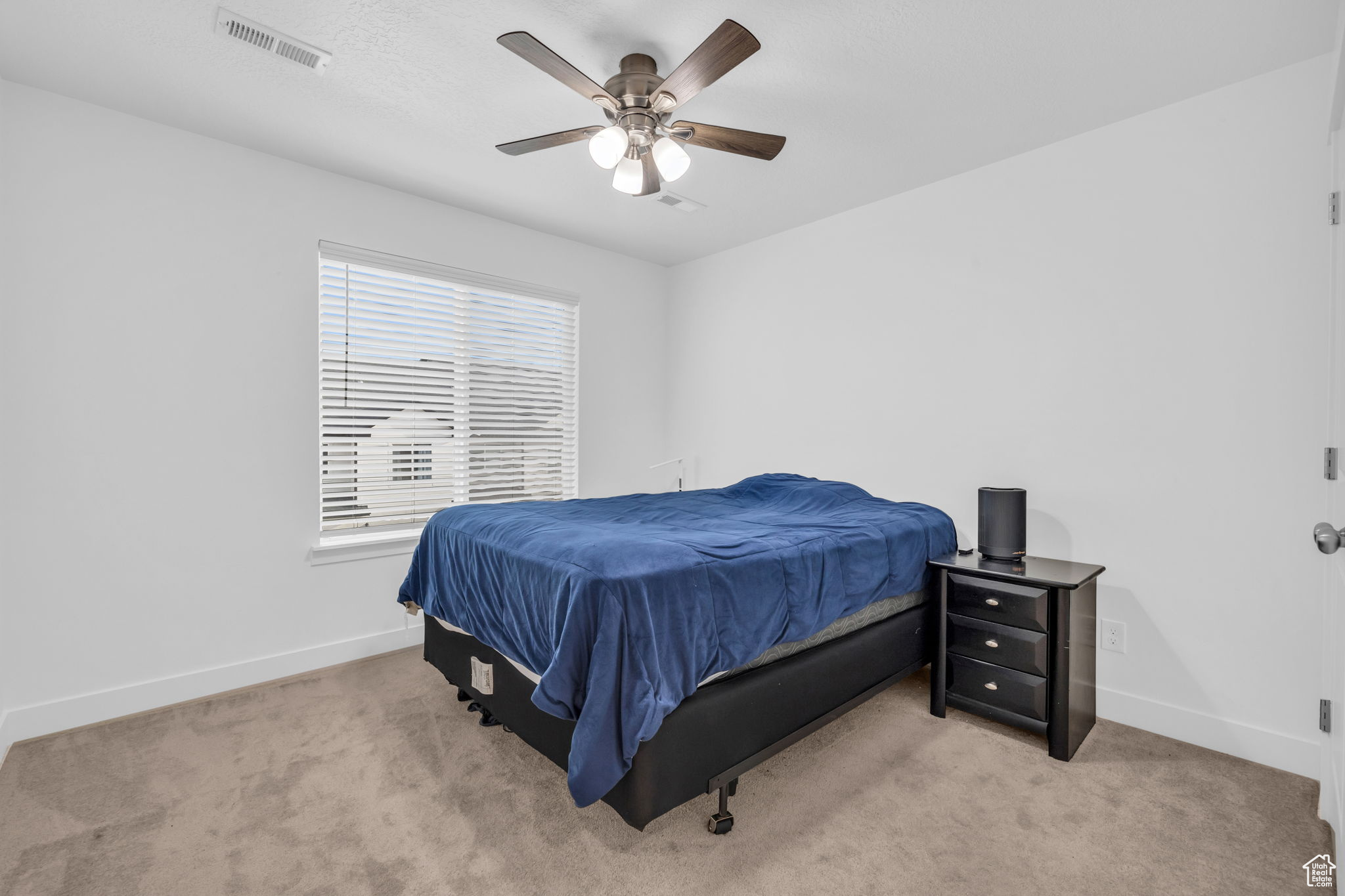 Carpeted bedroom with ceiling fan