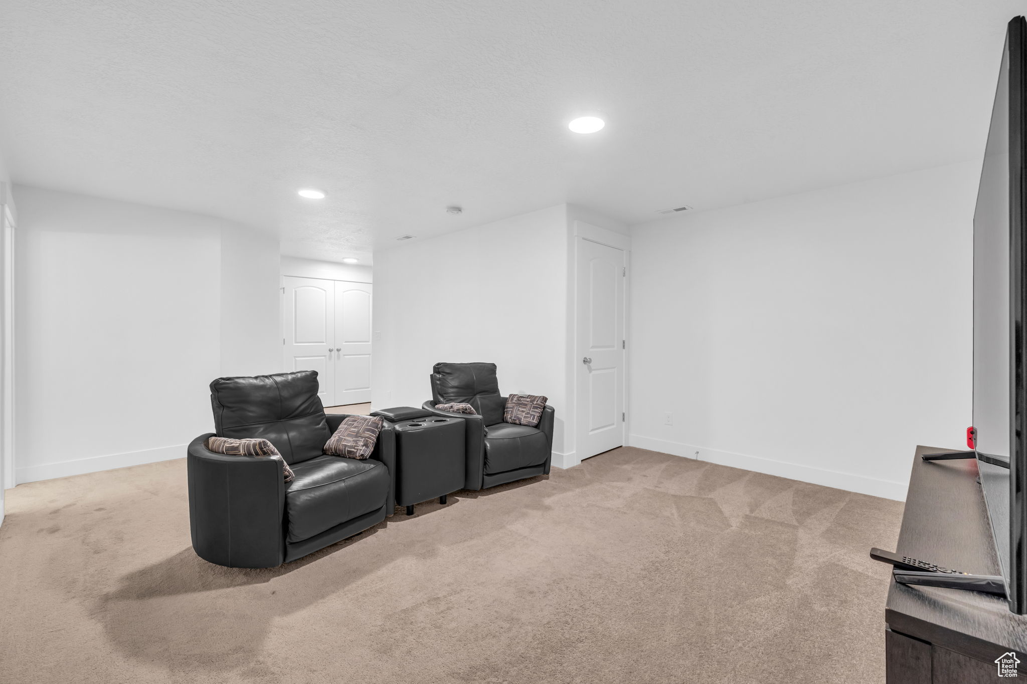 View of carpeted home theater room