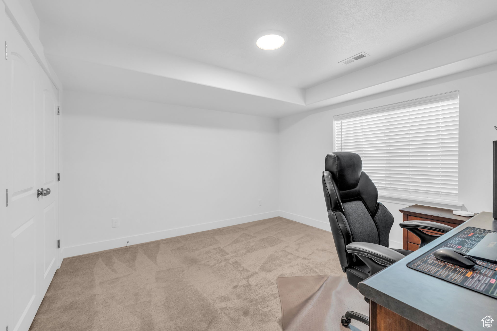 Office area featuring light colored carpet