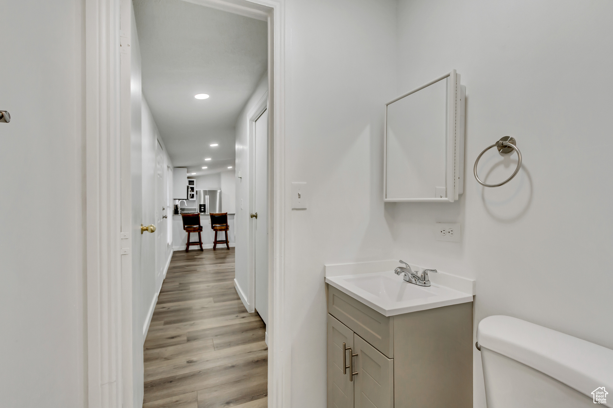 Bathroom featuring vanity, hardwood / wood-style flooring, and toilet