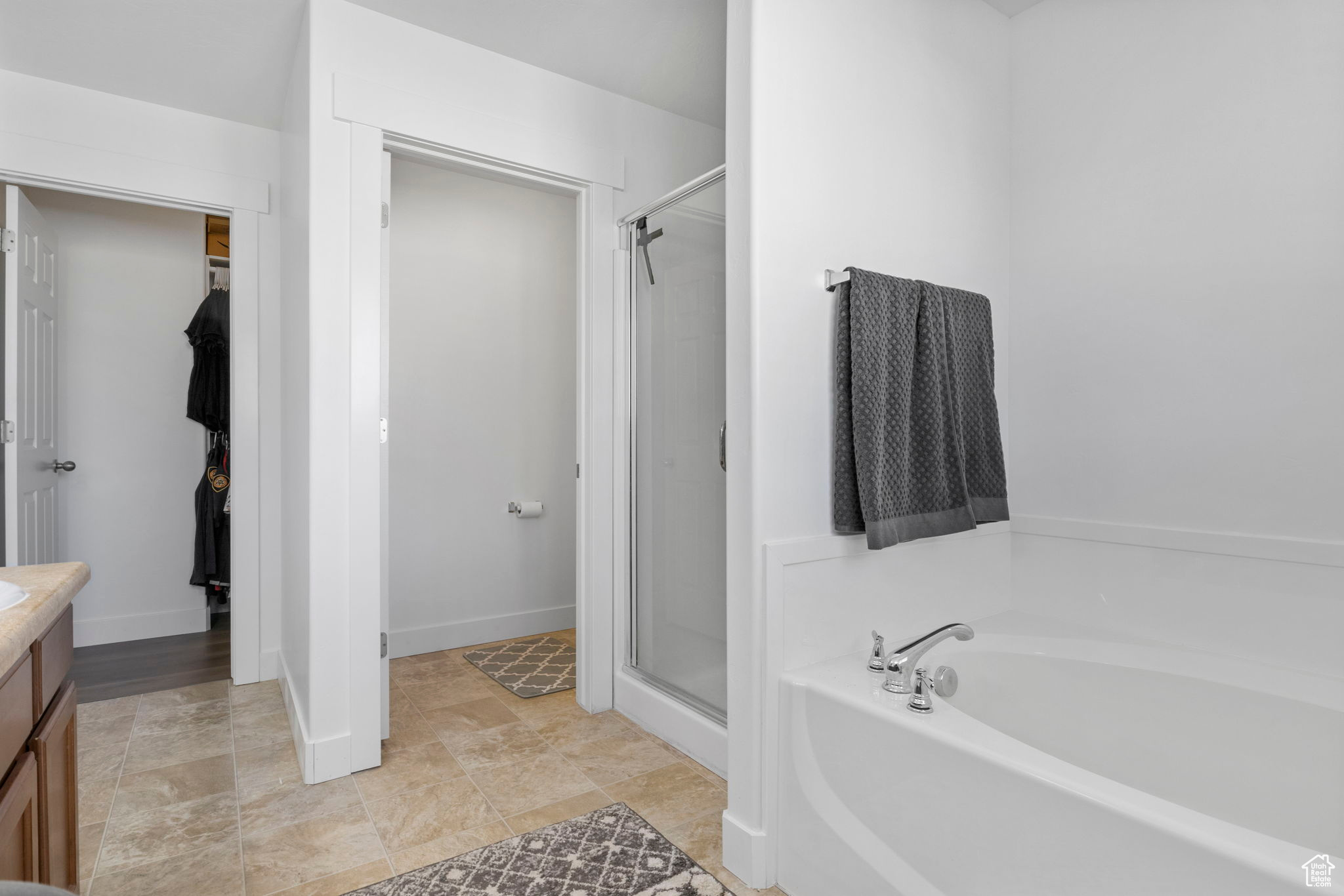 Bathroom featuring vanity and separate shower and tub