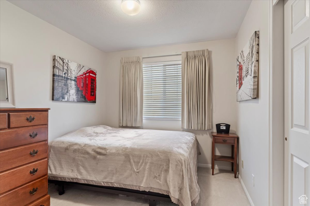 Bedroom with light colored carpet